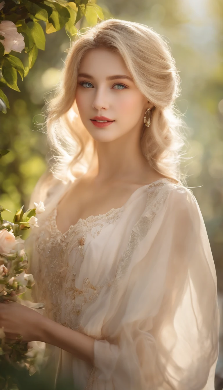(Best quality,4K,A high resolution,Realistic:1.2),A girl with blonde hair,Beautiful detailed eyes,beautiful detailed lips,long eyelasher,Porcelain skin,Natural beauty,The appearance is soft and elegant,A bright and lively smile,Korean girl,fashionable attire,fashion,Stand in the colorful garden,Natural sunlight illuminates her,soft and muted colors,impressionist style painting,Textured brushstrokes,Dreamy atmosphere,Bright and vibrant flowers bloomed around her,while a gentle breeze sways her hair softly,a peaceful and serene atmosphere,Harmony and tranquility of the surroundings,Meticulously capture the details,Ultra-detailed,professional portrait,Portrait photography.