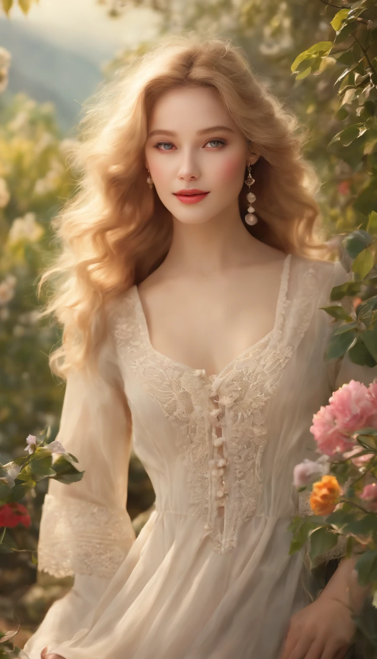 (Best quality,4K,A high resolution,Realistic:1.2),A girl with blonde hair,Beautiful detailed eyes,beautiful detailed lips,long eyelasher,Porcelain skin,Natural beauty,The appearance is soft and elegant,A bright and lively smile,Korean girl,fashionable attire,fashion,Stand in the colorful garden,Natural sunlight illuminates her,soft and muted colors,impressionist style painting,Textured brushstrokes,Dreamy atmosphere,Bright and vibrant flowers bloomed around her,while a gentle breeze sways her hair softly,a peaceful and serene atmosphere,Harmony and tranquility of the surroundings,Meticulously capture the details,Ultra-detailed,professional portrait,Portrait photography.