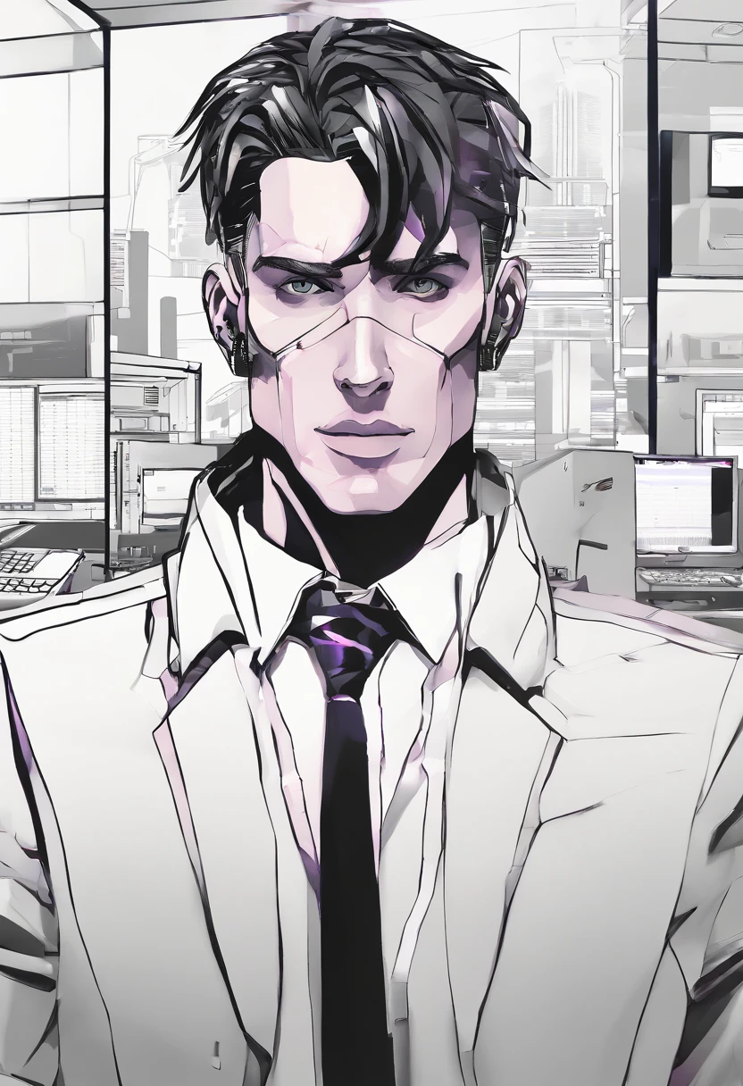 ((Skinny, lanky, normal, mid-30s, unshaven, white, ((American, pale skin, english)), male, businessman wearing a basic suit and tie, nose ring)), cowboy shot, (black short shaggy hair with purple highlights), ((office background)), (highly detailed photo realistic), sharp focus, ultra high quality, vibrant, masterpiece, (cinematic lighting), ((male))
