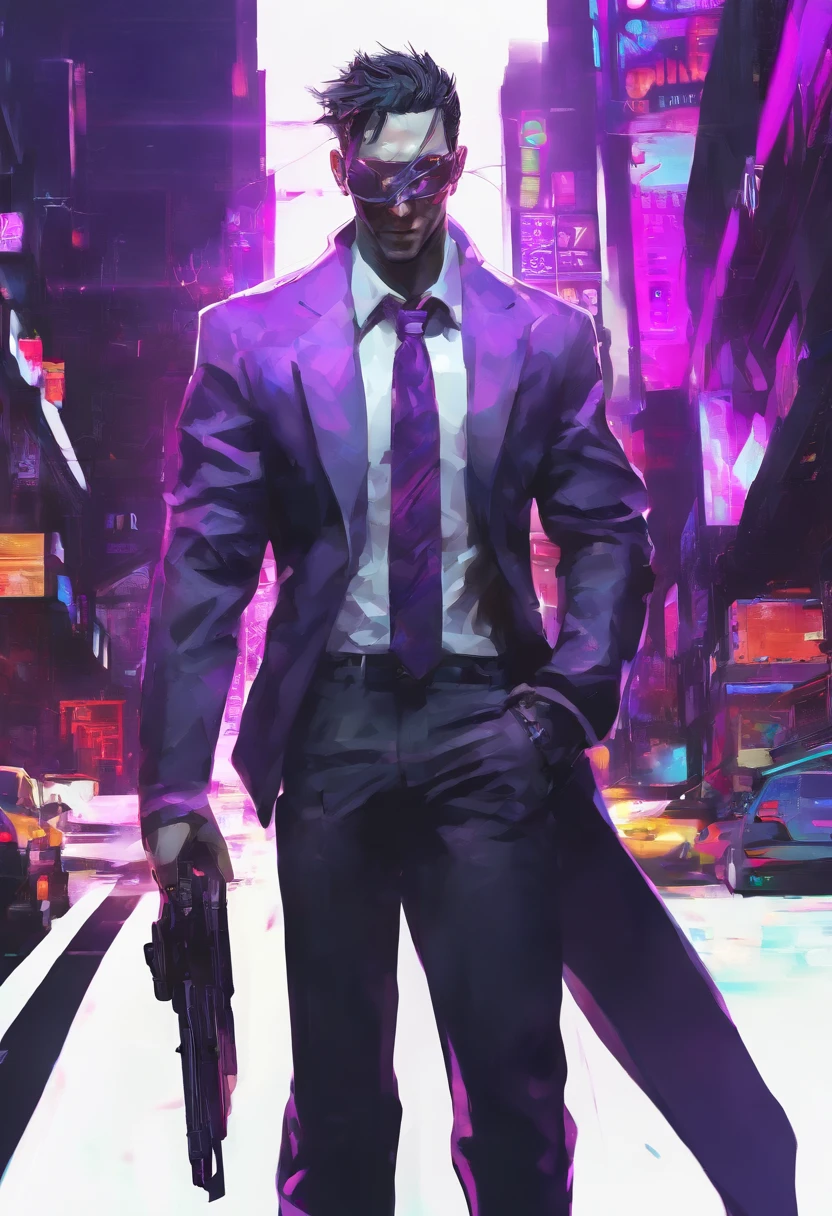 ((Skinny, lanky, normal, mid-30s, unshaven, white, ((American, pale skin, english)), male, businessman wearing a basic suit and tie, nose ring)), cowboy shot, (black short shaggy hair with purple highlights), ((office background)), (highly detailed photo realistic), sharp focus, ultra high quality, vibrant, masterpiece, (cinematic lighting), ((male))