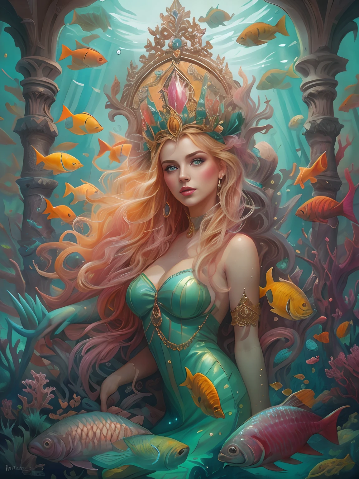 A woman sits on the throne of the palace,Beutiful women,Golden hair,(Beautiful bright eyes),Surrounded by fish and mirrors, Lots of fish,fish flocks,the reef,airbubble,sitting in his throne underwater, dan mumford tom bagshaw, jen bartel, portrait of mermaid queen, Fantasy art Behance, mohrbacher, Fantasy art style, Detailed fantasy illustration, A beautiful artwork illustration, fantasy art illustration, style of peter mohrbacher, peter mohrbacher''
