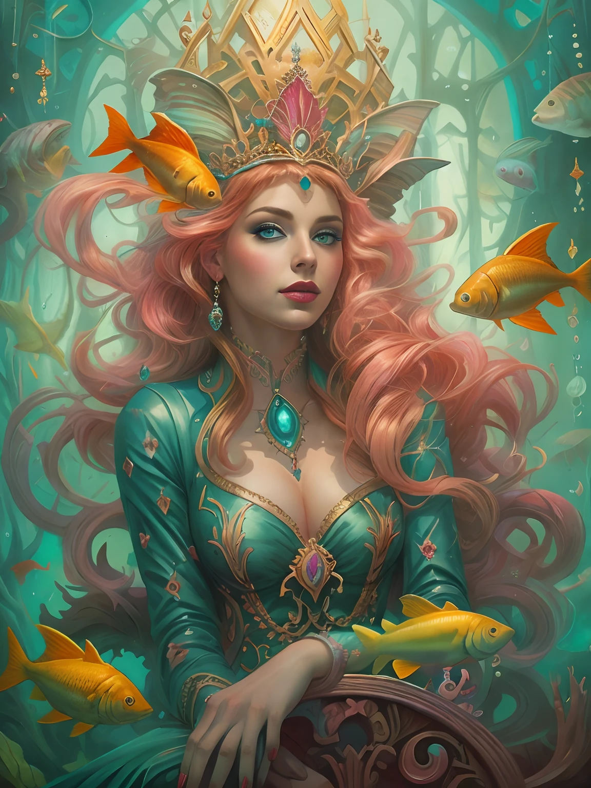 A woman sits on the throne of the palace，Beutiful women，Golden hair，（Beautiful bright eyes），Surrounded by fish and mirrors, Lots of fish，fish flocks，the reef，airbubble，sitting in his throne underwater, dan mumford tom bagshaw, jen bartel, portrait of mermaid queen, Fantasy art Behance, mohrbacher, Fantasy art style, Detailed fantasy illustration, A beautiful artwork illustration, fantasy art illustration, style of peter mohrbacher, peter mohrbacher''