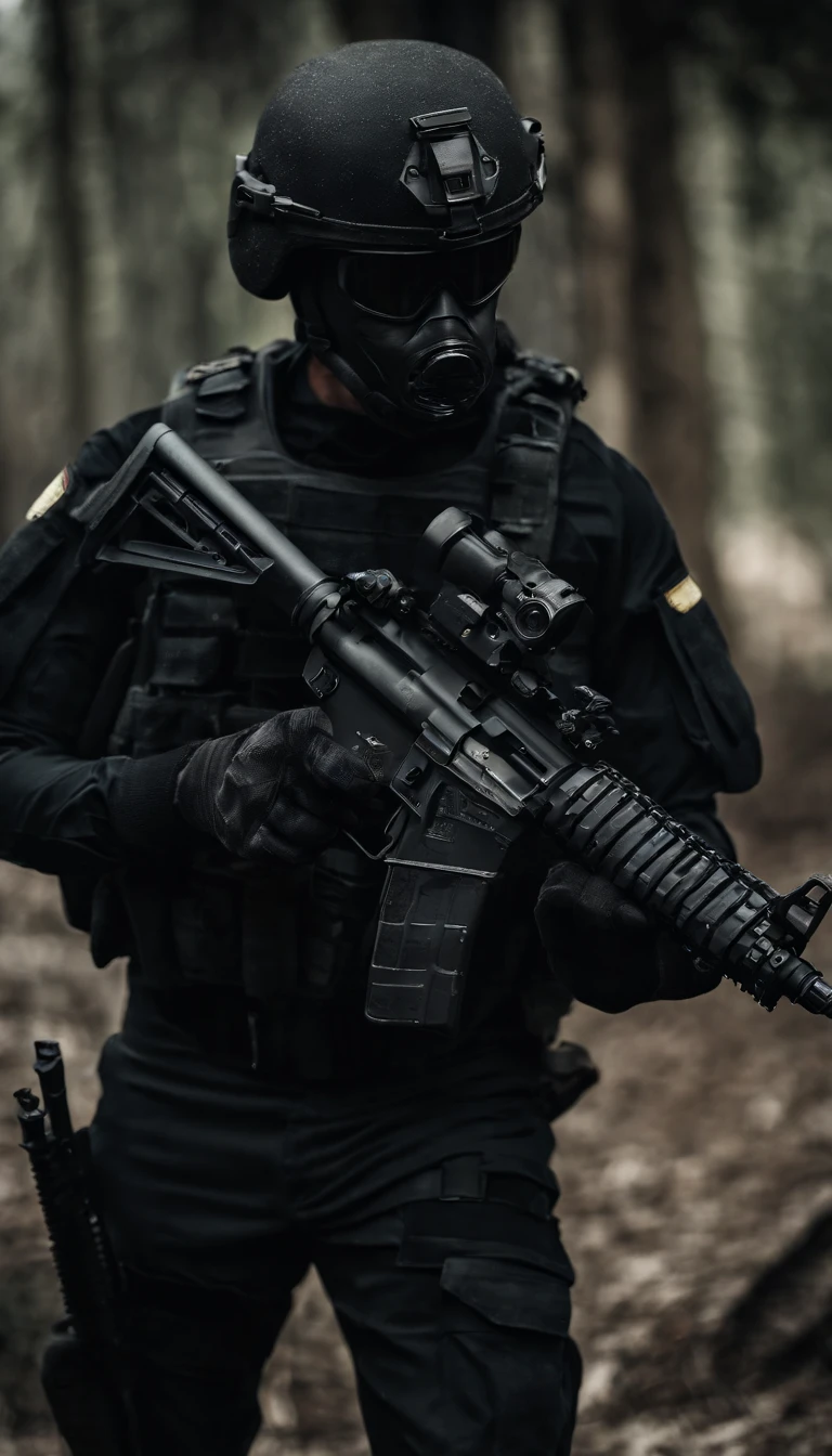 (Best quality,4K,8K,A high resolution,Masterpiece:1.2),Ultra-detailed,(Realistic,Photorealistic,photo-realistic:1.37), One of them wore a black SWAT uniform，Man in black helmet, A man in a black mask holds a gun, Air rifle CQB, French Special Operations, realistic soldiers, Soldiers in tactical equipment, tactical gear, cinematic —ar 16:9, realistic military equipment, Tactical armor, Black tactical equipment, combat outfit, Futuristic soldier costume, special forces security(Best quality,4K,8K,A high resolution,Masterpiece:1.2),Ultra-detailed,(Realistic,Photorealistic,photo-realistic:1.37), One of them wore a black SWAT uniform，Man in black helmet, A man wearing a black skull mask holds a gun, Air rifle CQB, French Special Operations, realistic soldiers, Soldiers in tactical equipment, tactical gear, cinematic —ar 16:9, realistic military equipment, Tactical armor, Black tactical equipment, combat outfit, Futuristic soldier costume, special forces security