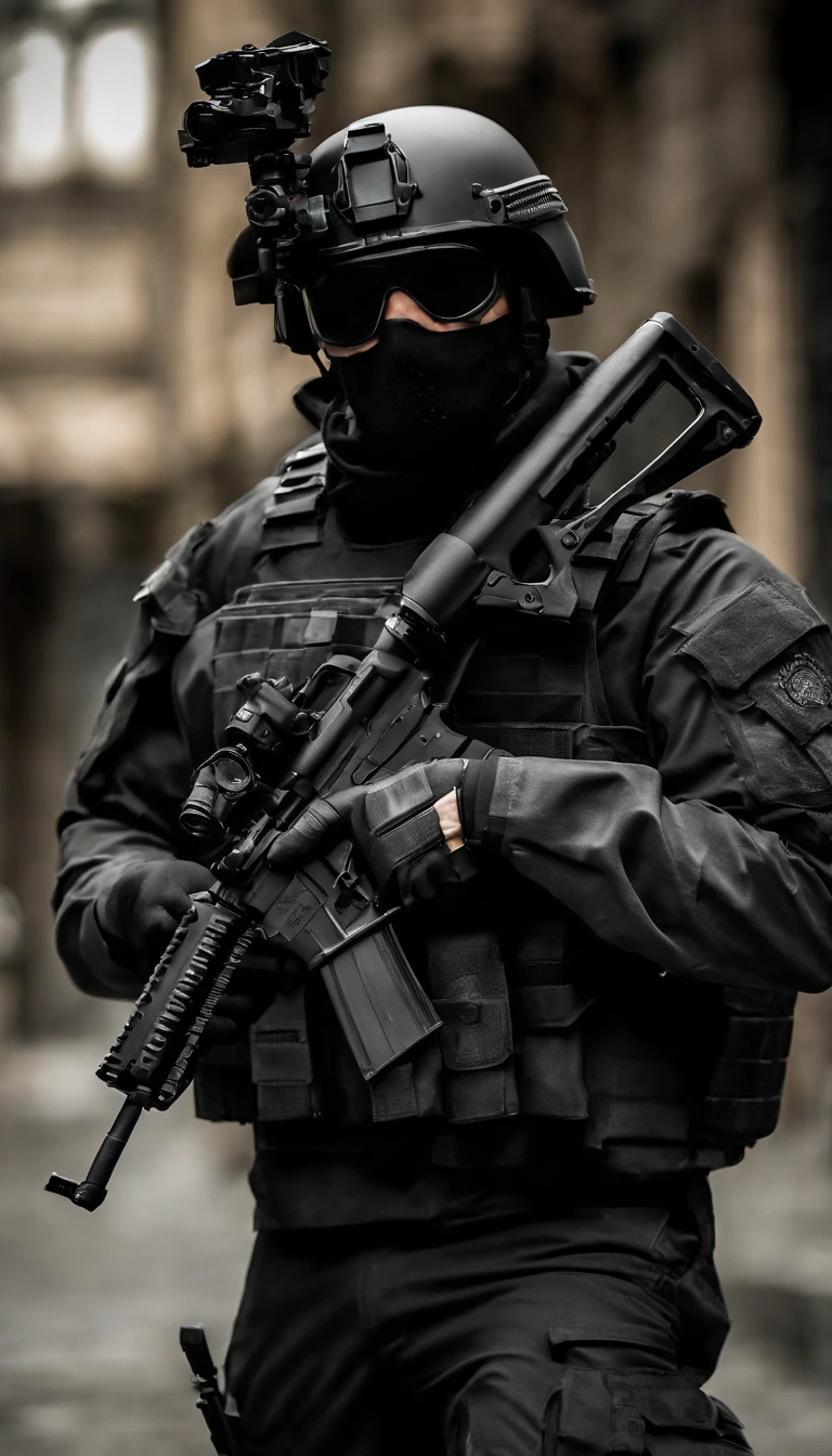 (Best quality,4K,8K,A high resolution,Masterpiece:1.2),Ultra-detailed,(Realistic,Photorealistic,photo-realistic:1.37), One of them wore a black SWAT uniform,Man in black helmet, A man in a black mask holds a gun, Air rifle CQB, French Special Operations, realistic soldiers, Soldiers in tactical equipment, tactical gear, cinematic —ar 16:9, realistic military equipment, Tactical armor, Black tactical equipment, combat outfit, Futuristic soldier costume, special forces security(Best quality,4K,8K,A high resolution,Masterpiece:1.2),Ultra-detailed,(Realistic,Photorealistic,photo-realistic:1.37), One of them wore a black SWAT uniform,Man in black helmet, A man wearing a black skull mask holds a gun, assault rifle,CQB, French Special Operations, realistic soldiers, Soldiers in tactical equipment, tactical gear, cinematic —ar 16:9, realistic military equipment, Tactical armor, Black tactical equipment, combat outfit, Futuristic soldier costume, special forces security,FBI official,Zombie crisis,Zombie background,There was chaos,Police shoot at zombies