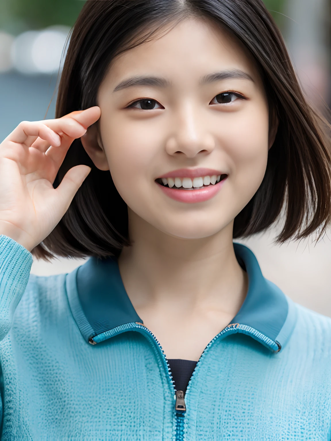 1 Nogizaka Musume, Very cute, a beauty girl, sixteen years old, Beautiful face, eyes and skin with exquisite detail, Detailed black hair, Smile at the camera, Half body shot, the way from school to home, profetional lighting, BREAK, (realisitic, Photorealsitic:1.37), 8K, (masterpiece), (top-quality:1.4), (超A high resolution:1.2), (Raw photography:1.2)、(super detailed beautiful cloths)、perfect anatomia、4fingers and 1thumb、hyper detailed background、(Wallpapers by Unity 8K)、School swim wear