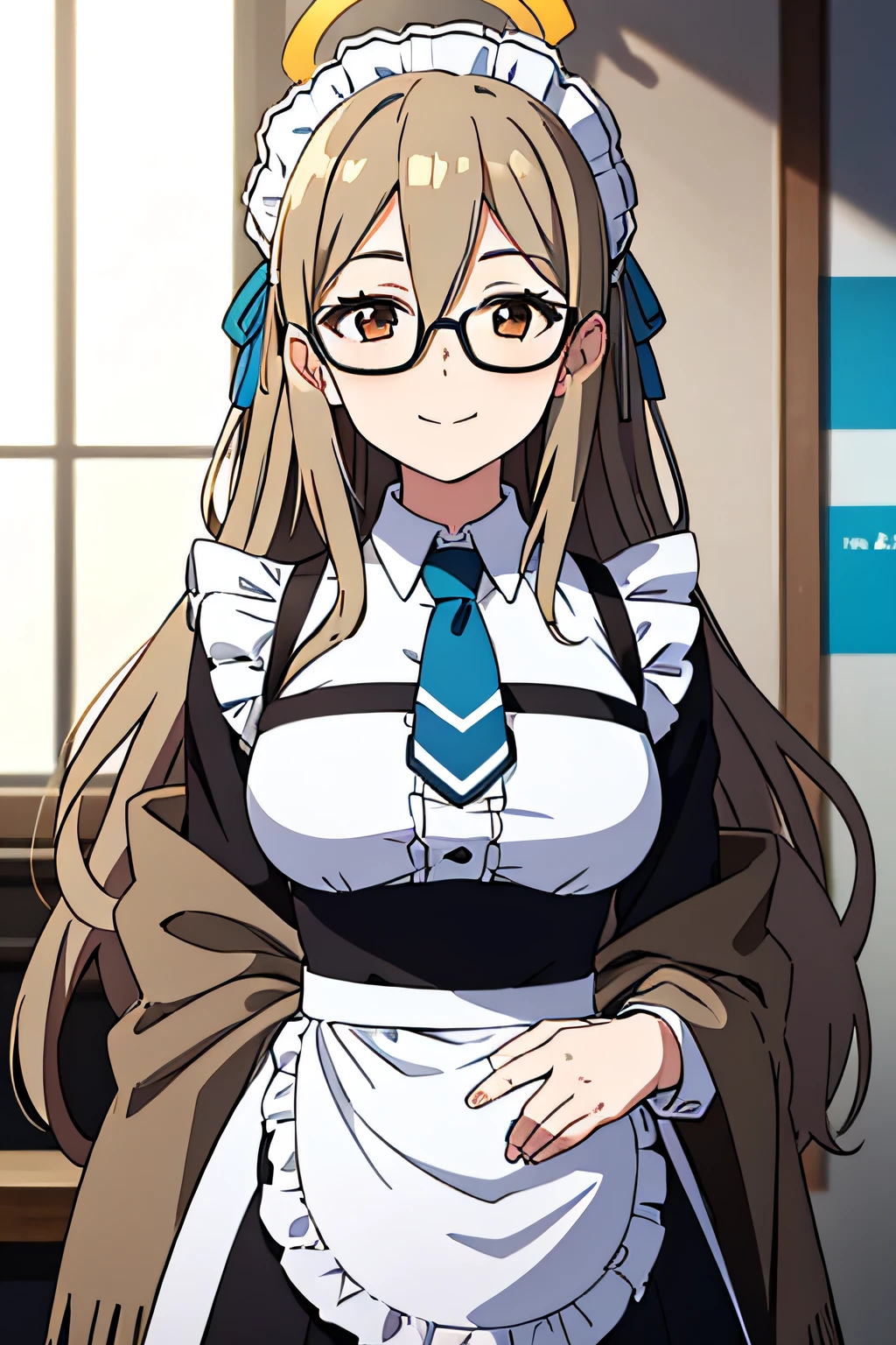 1girl, solo, upper body, facing viewer, looking at viewer, smile, AKANE MUROKASA, HALO, VERY LONG HAIR, GLASSES, MAID HEADDRESS, BLACK DRESS, PUFFY LONG SLEEVES, BLUE NECKTIE, APRON, WHITE PANTYHOSE, BROWN SCARF.