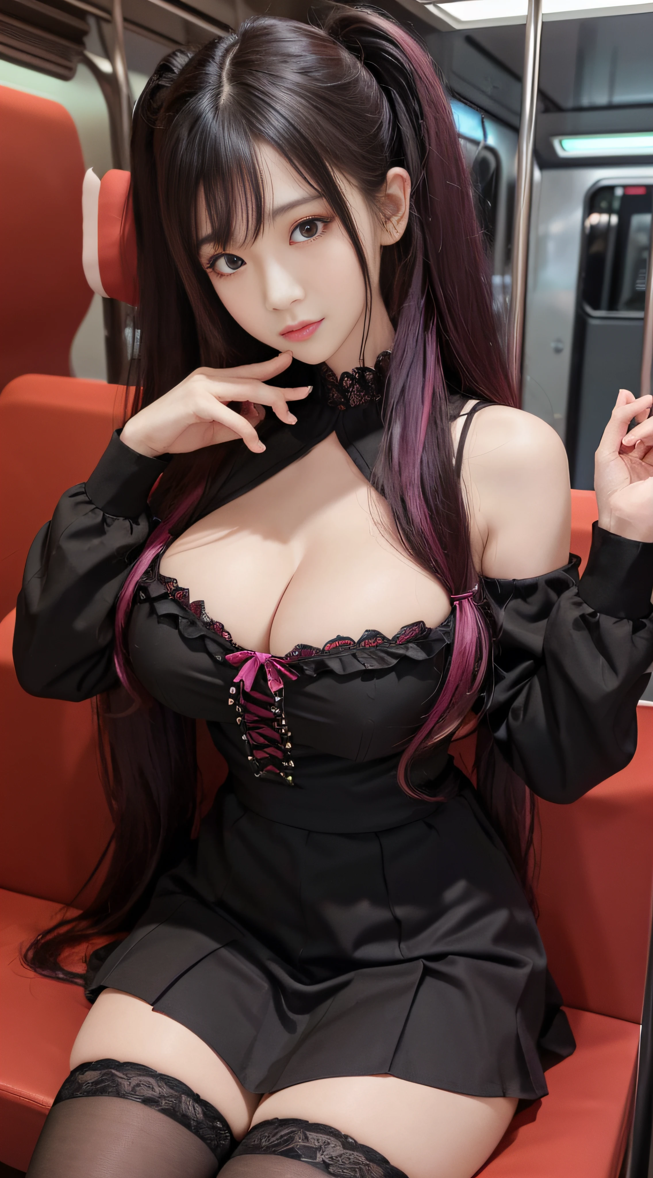 Korean,Sitting on the train,(((tmasterpiece))), ((best qualtiy)), ((intricate detailes)), ((Ultra-realistic realism)), Ridiculous resolution, A MILF, Mature Woman, ighly detailed, illustratio, 1girll,((Large breasts)), perfect hand, Detailed finger, Beautiful detailed eyes, Lowered twin tails, colored inner hair, very long black hair, very bright pink hair, with brown eye, Name badge, ( Korean style long sleeve dark pink off-shoulder,Black ruffled lace up pleated skirt, Black knee-high socks:2.2),detailedbackground, perfect eyes, mesmerizing eyes,Slightly open mouth, ((Colossal breasts 1 girl that seems to break:1.2))
