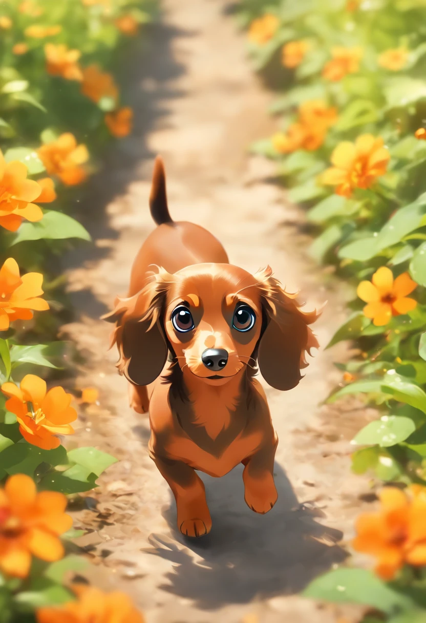 （the whole body is brown：1.8），Brown miniature dachshund，Running around the flower garden，Looking at the camera，（Face bow：1.5），Looks like a lot of fun，biologically correct