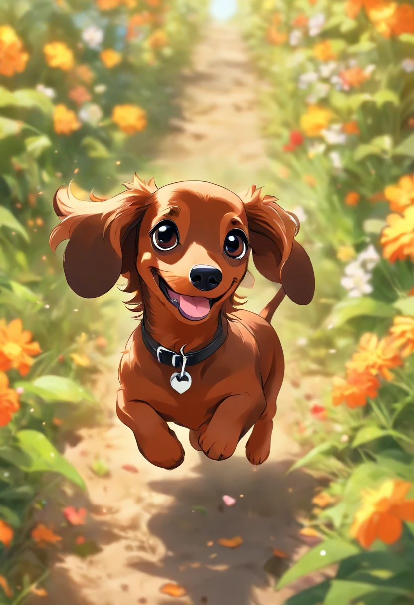 (the whole body is brown:1.8),Brown miniature dachshund,Running around the flower garden,Looking at the camera,(Face bow:1.5),Looks like a lot of fun,biologically correct