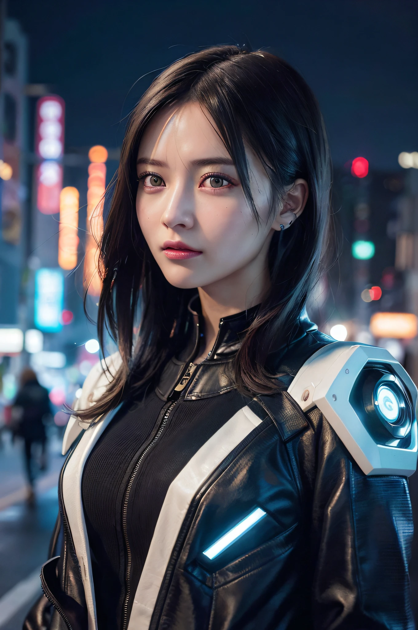 cyberpunk portrait photography, beautiful young woman looking off camera in glowing futuristic jacket, super realistic face, eyes visible through hair, proper eye position, natural skin, soft light, rim light, hips, in road side, detailed background, intricate , highly detail, octane render, HD, 8k, by Annie Leibovitz,120mm