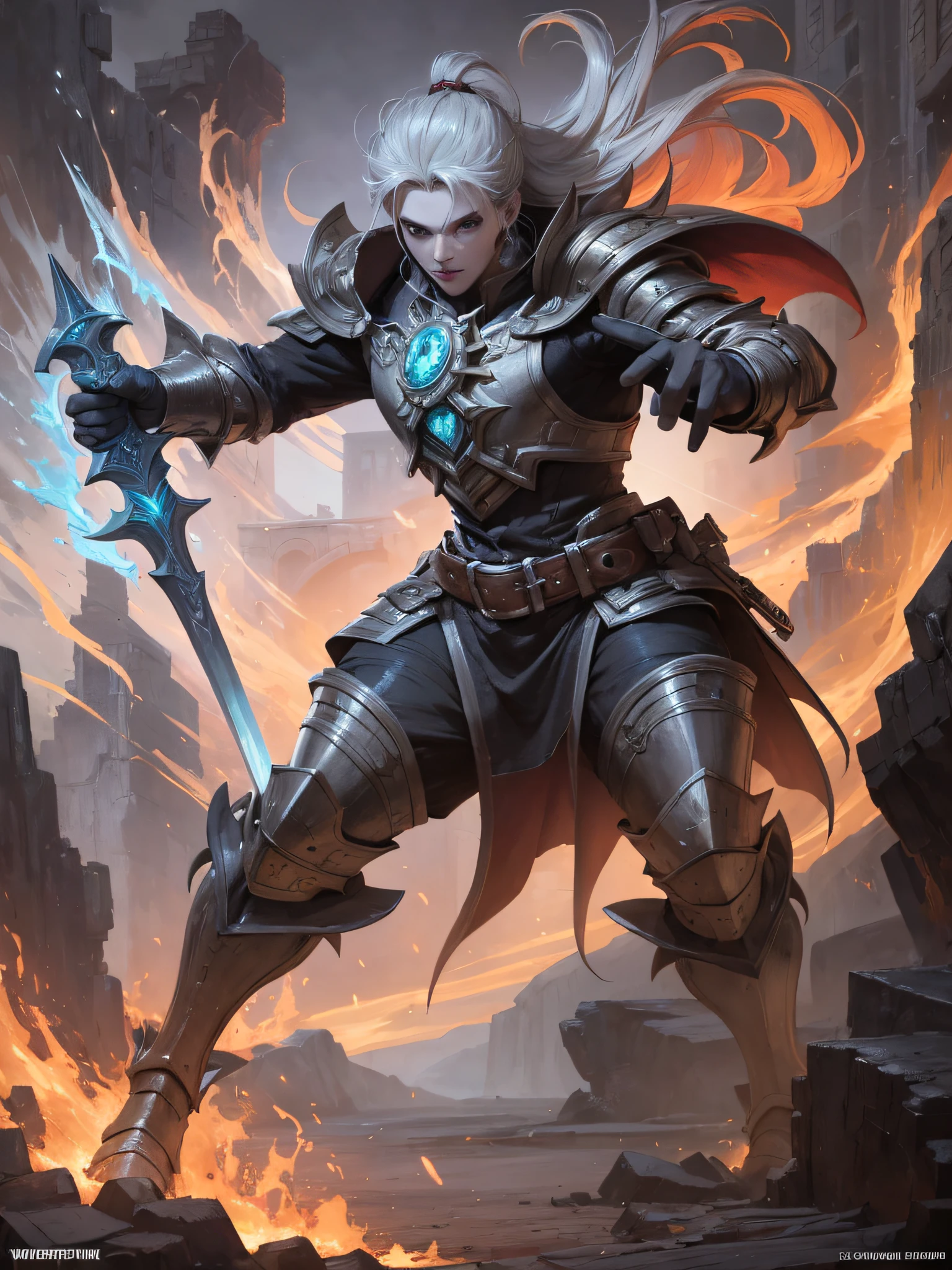 hearthstone card, front game card, from hearthstone, hearthstone card art, Card game, warrior, League of Legends character, League of Legends concept art, splash art, League of Legends splash art, official splash art, League of Legends art, League of Legends character art, League of Legends , League of Legends Splashart, skill power, concept art, best quality, detailed, best quality, high quality, High details, A close-up of a menu with a fantasy adventure theme background, Dungeons & Dragons RPG concept fantasy art and various icons, game interface, game interface, Game HUD, Game UI asset design, UI board, item art, Game icon asset, stylized game icon, Game style Hearthstone color, HUD health bar, PC screenshot, game screen, detailed screenshot, no volcano, game overlay, ...png, NO PREVIEW, A game-based battle card,To have various attributes such as:wind, fire, lightning, Dark Earth, gold, Wood, water, ice。Other systems make their own edits。monster warrior, holding a sword bright in his hand, weapon concept art fantasy, skiil power,surrounding the weapon dark energy, (Best Quality,4K,High resolution), Berserk-inspired armor, medieval outfits, dark fantasy aesthetics, battle-worn details, intricate engravings, oversized weapons, style of Kentaro Miura, stark contrasts, heavy shadows, detailed line work, gothic color palette, mature anime style, intense battle scenes, dystopian environments, muscular anatomy, an epitome of lethal beauty and arcane power, Dynamic lighting, fiery glow, Digital Art, Energetic, Intense, Dynamic Lighting, Fantasy, High Realism, Fiery Illumination concept art, splash art --niji 5 --auto --s2