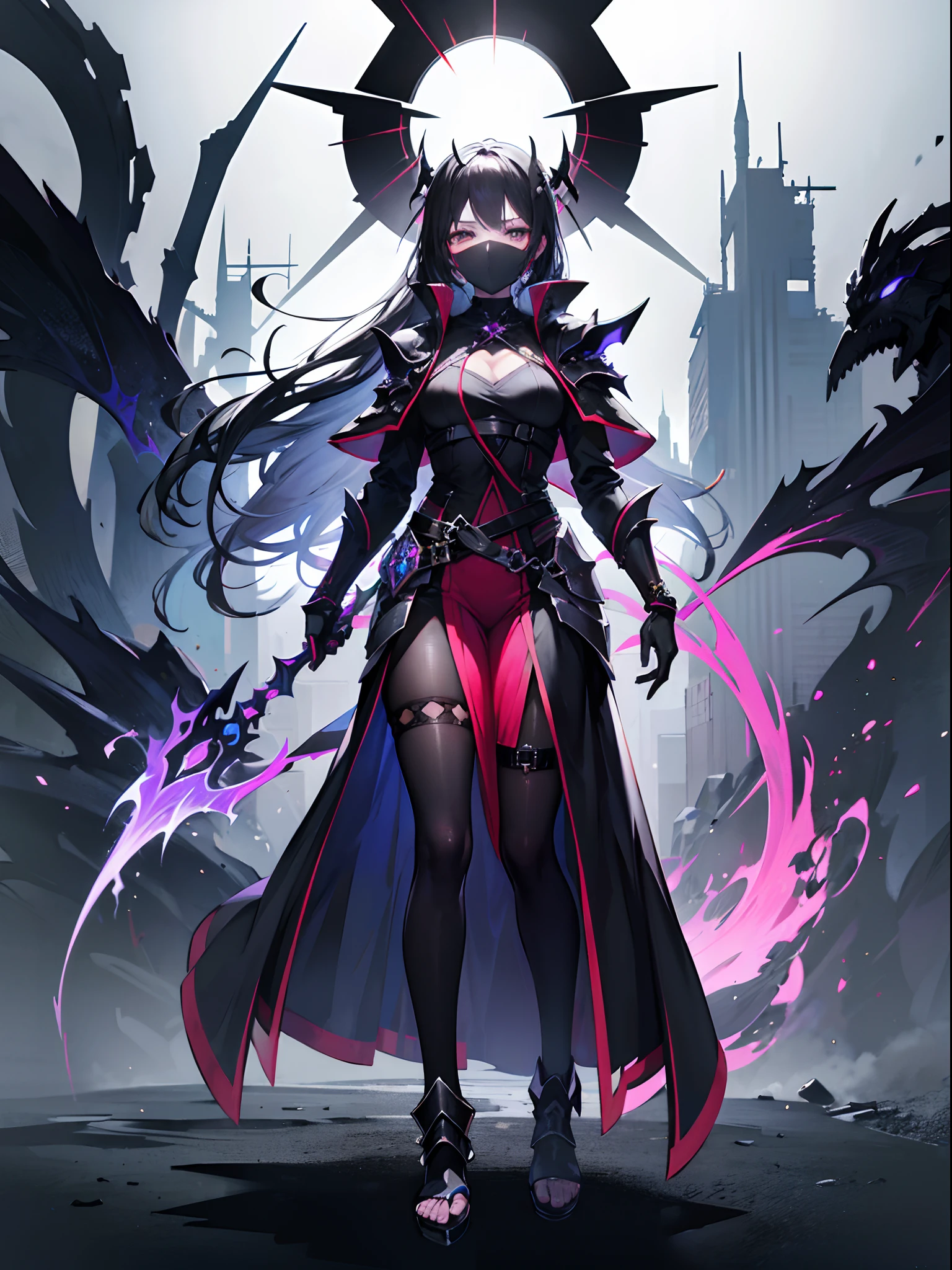 Devil style background, (Stand full body to take pictures:1.5), the golden ratio, [(Black Mist Black smoke composed of the body:1.5), (+Perfect hand+:1.21), (Ancient European Assassins, All-black hooded robe, Fuchsia with black demon armor, Only the eyes are exposed, Wearing a black mask,, （A terrifying and mysterious atmosphere, A suffocating sense of oppression and endless fear）Wear knee-length black boots （It is inlaid with fuchsia crystals）（The texture of the armor and equipment is good）He wears a black hooded robe(((+++Black mist intertwined with the body))))], (extremely detailed CG unity 32k wallpaper:1.1), (tmasterpiece:1.37), (Detailed:1.15), Dappled light, (view the viewer), Cinematic light, Side lighting, Royal sister, hdr, Perfect iris, hyper HD, (Best quality:1.13)tmasterpiece, best qualtiy, hyper-high detail, style of anime, hdr, anime wallpaper, a sense of atmosphere, absurderes, Ancient wind), cabelos preto e longos, Fuchsia pupils, 8K, 4K，absurderes，finedetail