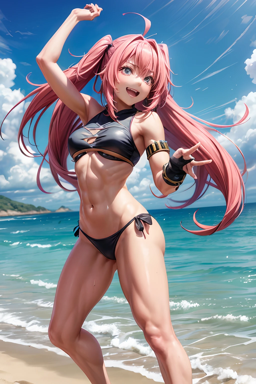 1Feminino、Tensei Shitara Slime Datta Ken(((Milim Nava))), Demon Lord King、O corpo da obra-prima de Milim Nava、High Quality Bikini Armor、Black bikini armor、Rosto Milim Preciso、olhos azuis、olhar o mal、cabelo rosa、Bicaudal、Caudas duplas orgulhosas、barefoot, medium feet, dedos arredondados ultra qualidade, ultra detalhado, unhas arredondadas pintadas em esmalte preto ultra detalhado、mediuml breasts、um sorriso、sorriso enorme、grande ahoge, (((foto de corpo inteiro))), (((barriga musculosa))), na praia, (((Ultra-detailed and realistic muscular legs))), Face Ultra Detalhada, Perfect setting, (((Making Fighting Stance))), standing on her feet