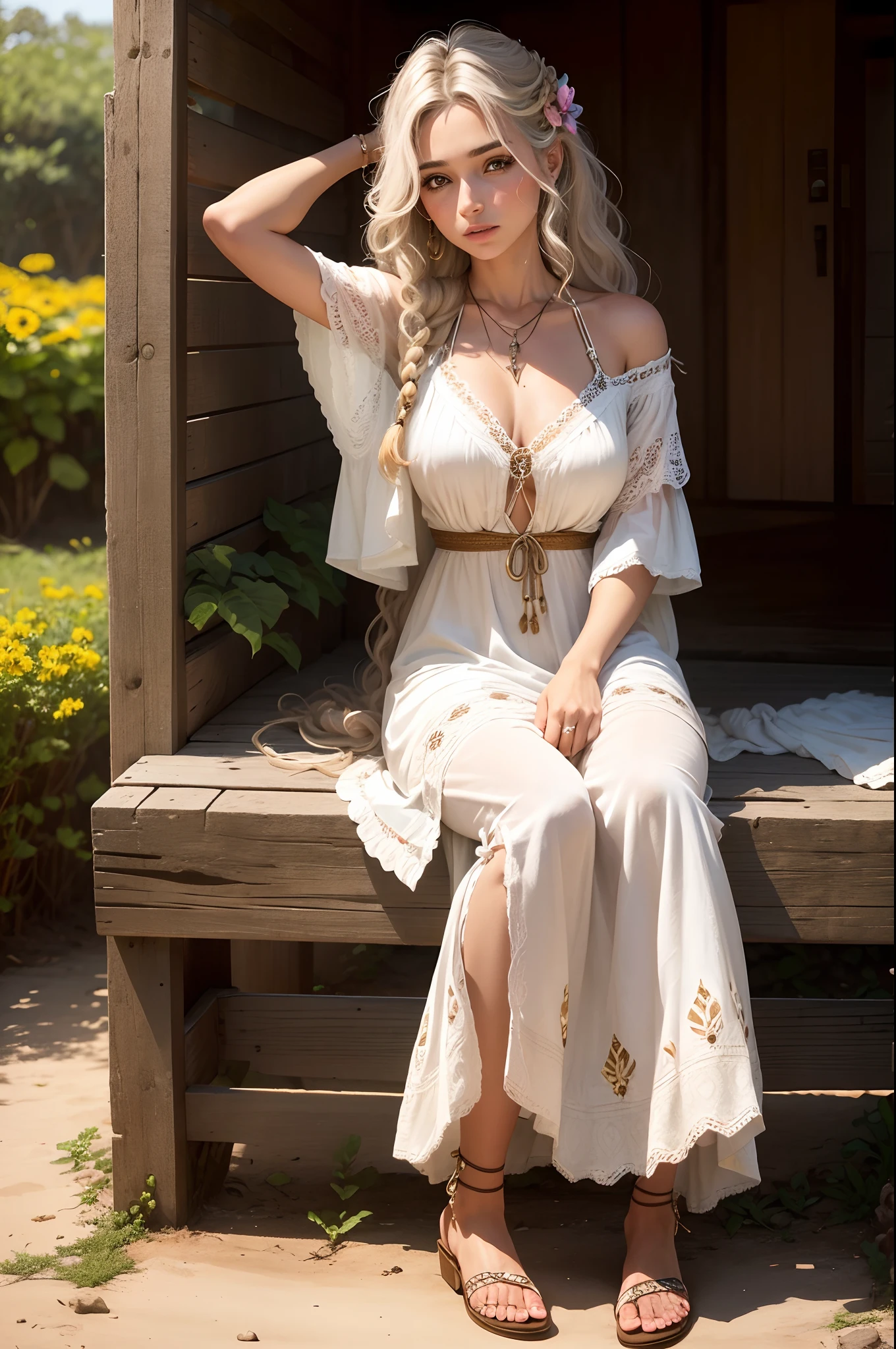 Gere uma imagem de uma mulher com um estilo boho. Ela usa um vestido longo e fluido, with ethnic prints and lace details. Her hair is wavy and embellished with natural flower accessories. Ela usa um colar de contas e pulseiras empilhadas, and his feet are bare, Or she wears leather sandals. She's in an outdoor setting, em um campo cercado por flores silvestres, em uma tarde ensolarada. A luz do sol destaca sua pele radiante, e ela tem um olhar sereno e contemplativo. The setting reflects the connection to nature and the free spirit of the boho style