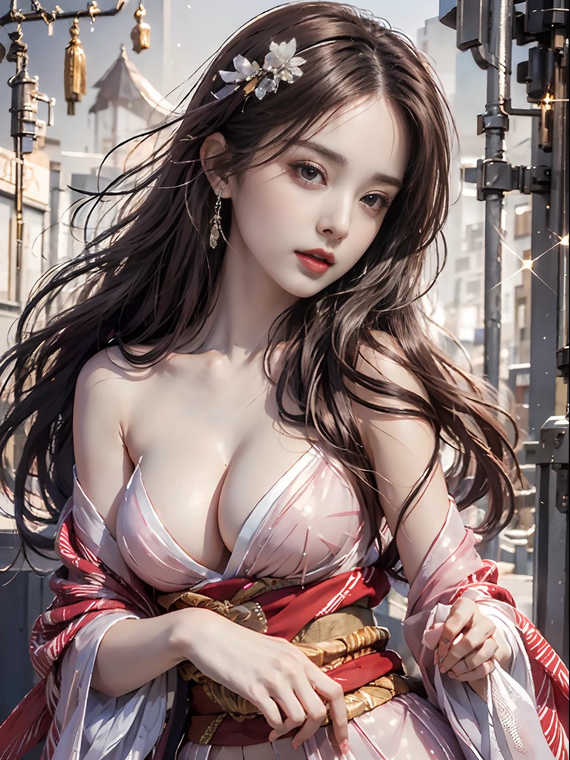 masutepiece, (Best Quality:1.4), Realistic, extremely detailed CG unified 8k wallpaper, ighly detailed, High-definition raw color photos, professional photograpy, Realistic portrait, Cinematic Light, Beautiful detailed, 1girl in, (Naked:1.5), Beautiful big breasts, breasts details, Exposed breasts, (cleavage of the breast:1.2), (Fine face:1.2), Long hair, Close up portrait of a girl in a completely transparent kimono with wide open front, Bare shoulders, (completely transparent kimono with wide open chest:1.4), open chest wide, Undress、No bra, , (cameltoe details), ((Innumerable sparkling jewels)), Fantasy Art, Outdoors, high intricate detailed, Open mouth, float, cum on, Sense of truth,