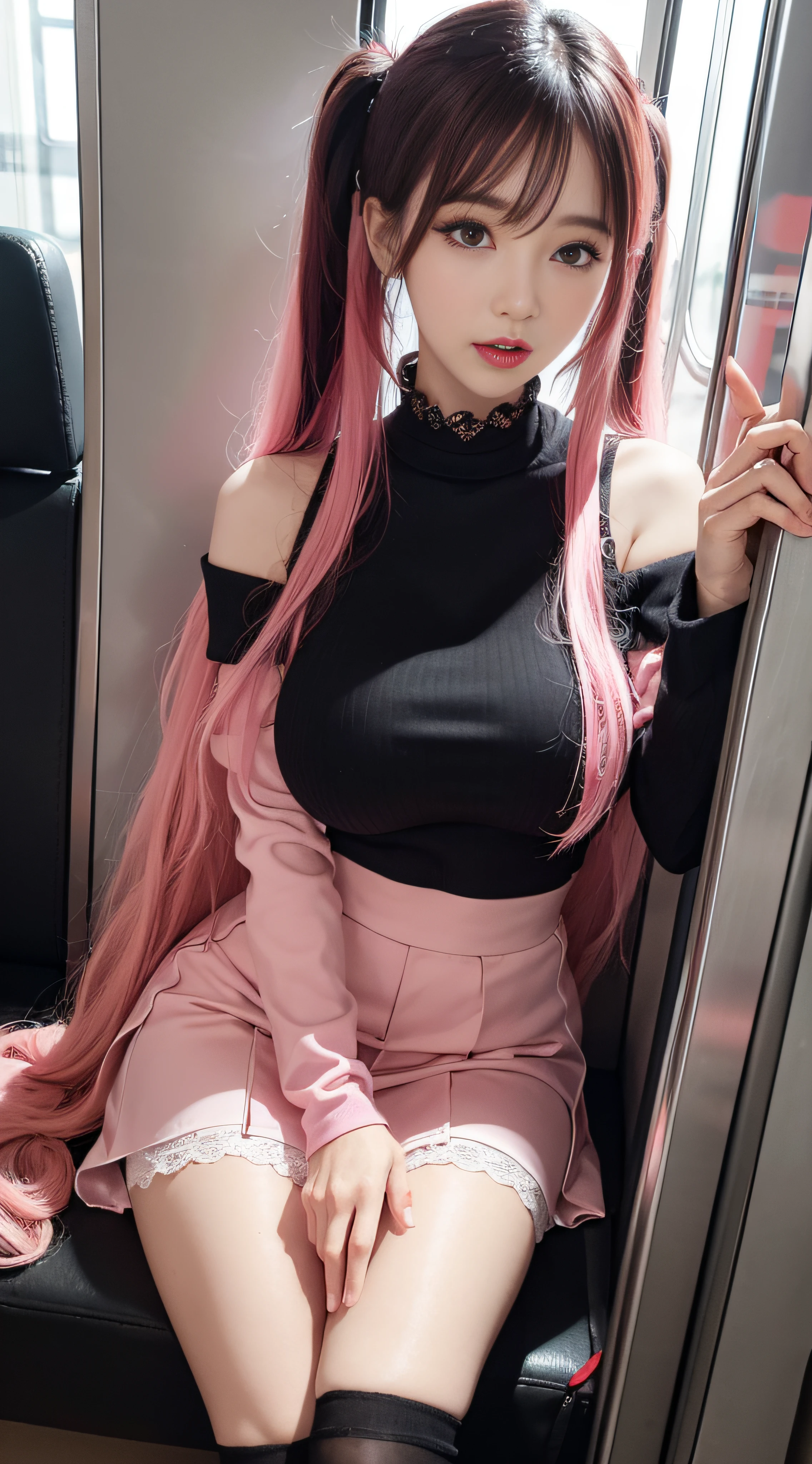 Korean，Sitting on the train，（（（tmasterpiece）））， （（best qualtiy））， （（intricate detailes））， （（Ultra-realistic realism））， Ridiculous resolution， A MILF， Mature Woman， ighly detailed， illustratio， 1girll，（（Large breasts））， perfect hand， Detailed finger， Beautiful detailed eyes， Lowered twin tails， colored inner hair， very long black hair, very bright pink hair， with brown eye， Name badge， （ Korean style long sleeve dark pink off-shoulder，Black ruffled lace up pleated skirt， Black knee-high socks:2.2），detailedbackground， perfect  eyes， mesmerizing eyes，Slightly open mouth, ((Colossal breasts 1 girl that seems to break:1.2))