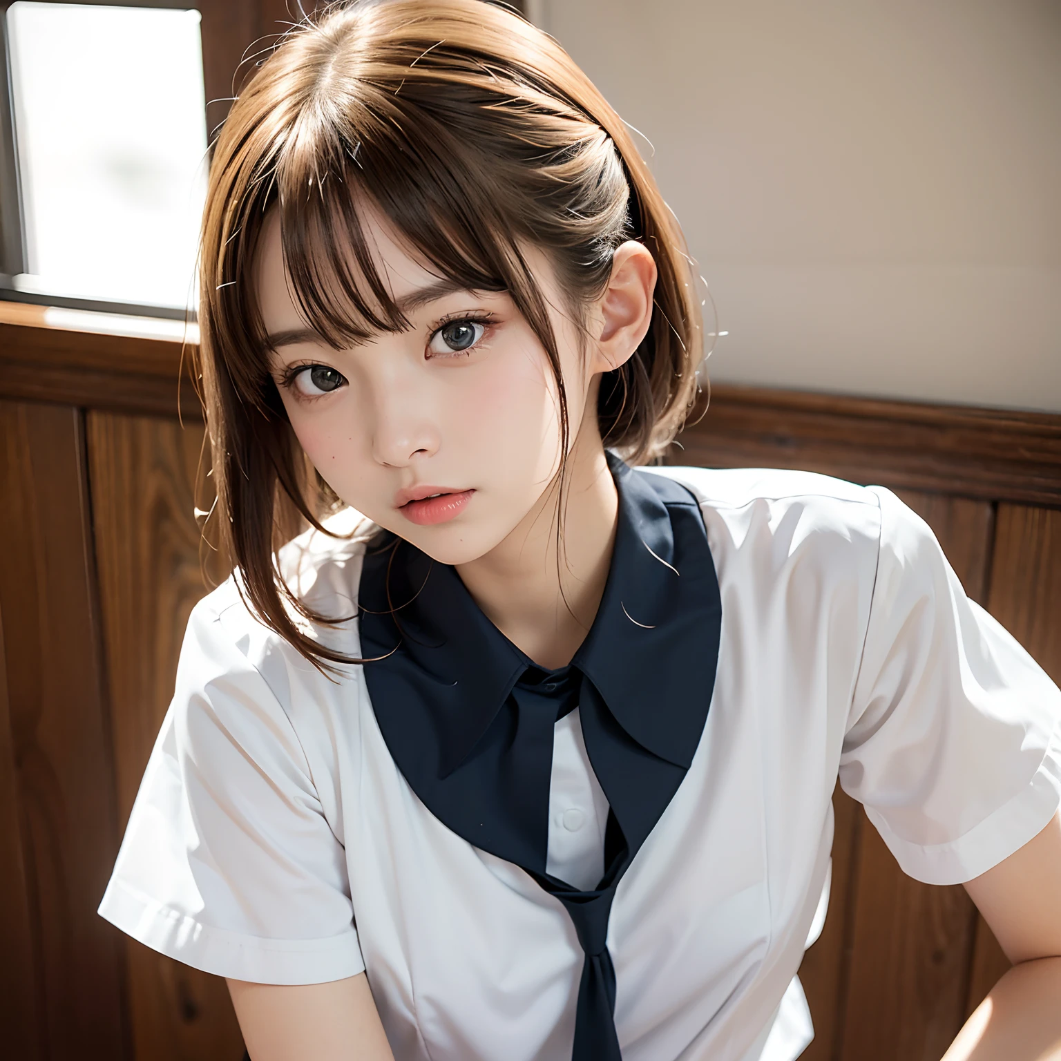 (masutepiece, Best Quality:1.2), 8K, Official art, Raw photo, Full Bord Bill Four、The front of the uniform is open、Going to school、Beautiful breasts are thin、ars、small tits、unbelievable Ridiculous, (Upper body、校服:1.4), Beautiful Girl, Pretty Face, arching back down,、Gold hair ornament on hair、close up, Sailor Suit, Short sleeve, violaceaess, Teen, Looking at Viewer, Film grain, chromatic abberation, Sharp Focus, face lights, Dynamic lighting, Cinematic lighting, Eyes and faces with detailed, Bokeh background,
