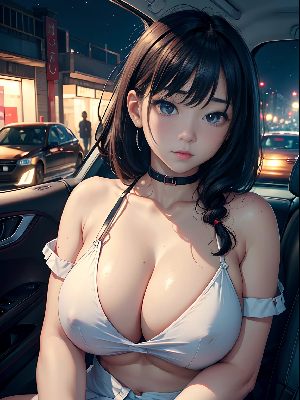 A age girl、(​masterpiece:1.4)、(in 8K、realisitic、Raw photo、top-quality:1.4)、(Real Face:1.4)、(real looking skin:1.3)、超A high resolution、A hyper-realistic、Eyes in Beautiful Details、black hair shorthair、耳Nipple Ring、a secretary、White shirt、high detailing、(huge-brea.5)、gargantilha、Blushing、Embarrassed look、alluring face、Bolides、Sit in the back seat、nighttime scene