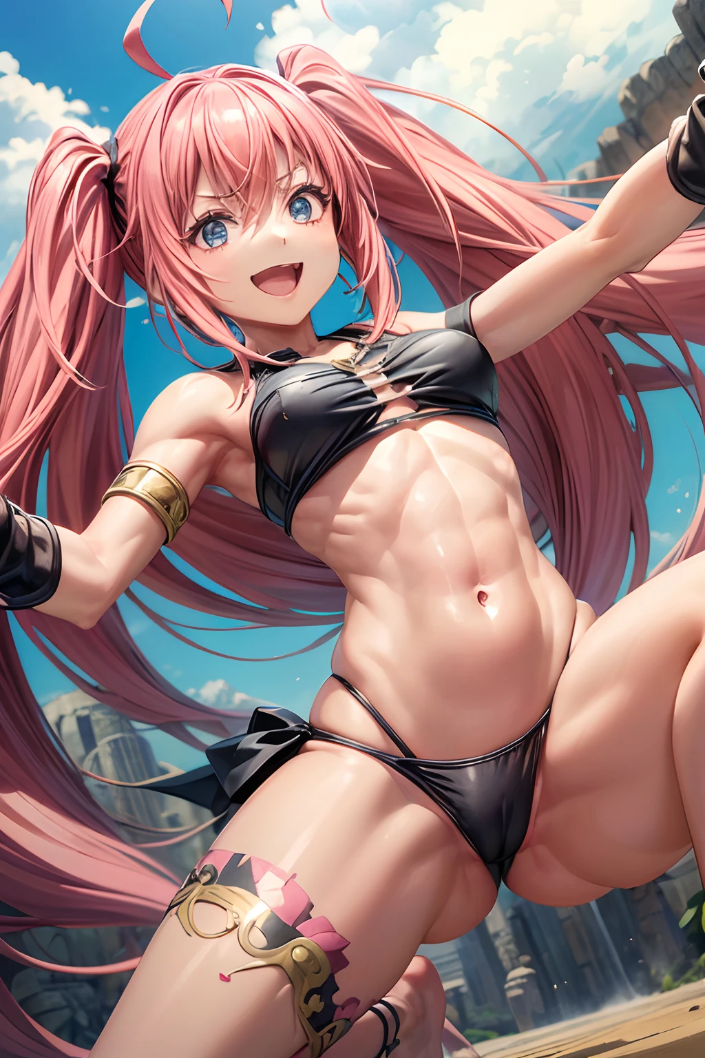 1Feminino、Tensei Shitara Slime Datta Ken(((Milim Nava))), Demon Lord King、O corpo da obra-prima de Milim Nava、High Quality Bikini Armor、Black bikini armor、Rosto Milim Preciso、olhos azuis、olhar o mal、cabelo rosa、Bicaudal、Caudas duplas orgulhosas、barefoot, medium feet, dedos arredondados ultra qualidade, ultra detalhado, unhas arredondadas pintadas em esmalte preto ultra detalhado、mediuml breasts、um sorriso、sorriso enorme、grande ahoge, (((foto de corpo inteiro))), (((barriga musculosa))), na praia, (((Ultra-detailed and realistic muscular legs))), Face Ultra Detalhada, Perfect setting, (((Making Fighting Stance))), standing on her feet