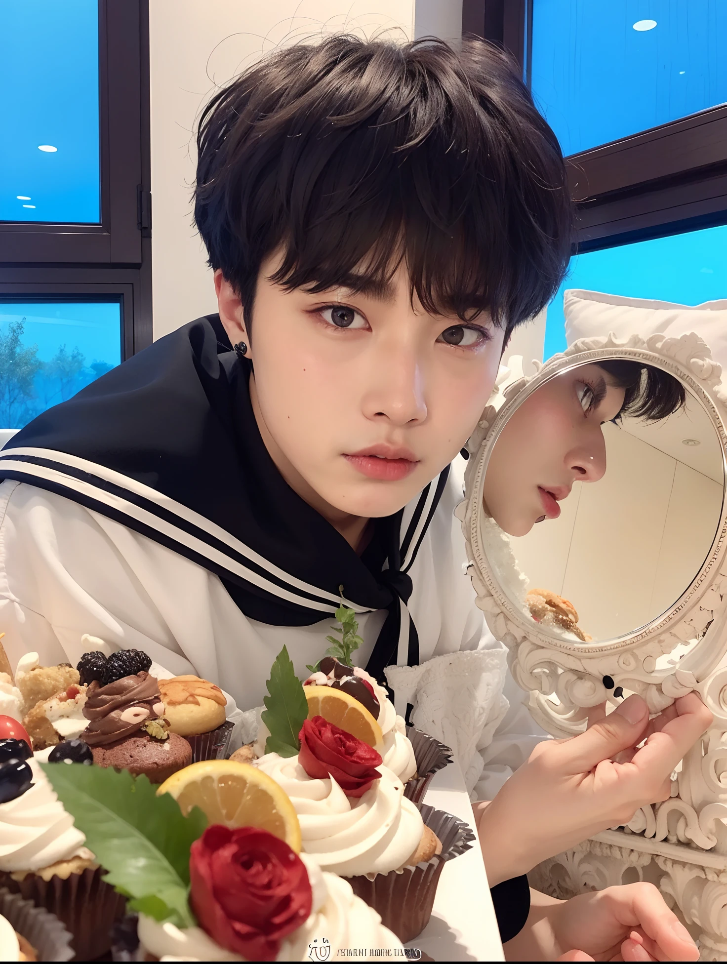 There's a man who's looking at a cupcake with a mirror, Cai Xukun, Jung Jaehyun, Blade de Drain Gang, jungkook, Kim Doyoung, Jimin, Taejune Kim, Hyung Tae, Ulzzang masculino, Mukbang, Jinyoung Shin, Parque Jimin, Hong June Hyung, Jimin\labios regordetes, 8k!, Cara precisa de Jimin