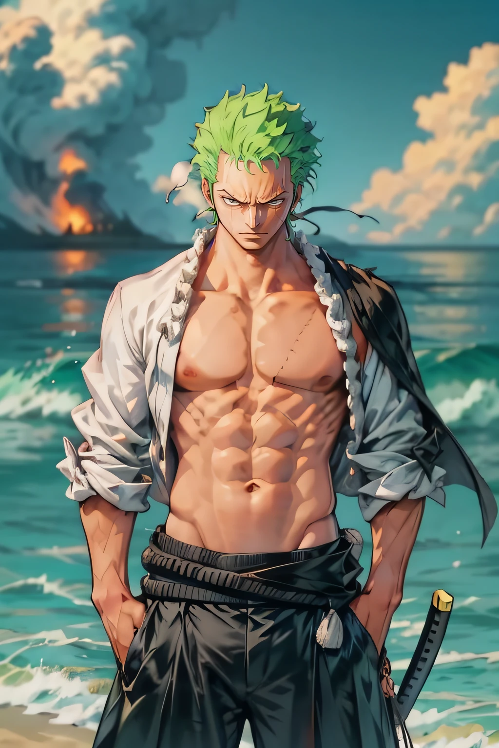 1man, minimalism, zoro roronoa, Eiichirō Oda, simple, vector, bodybuilder, sea from background, scar across eye))