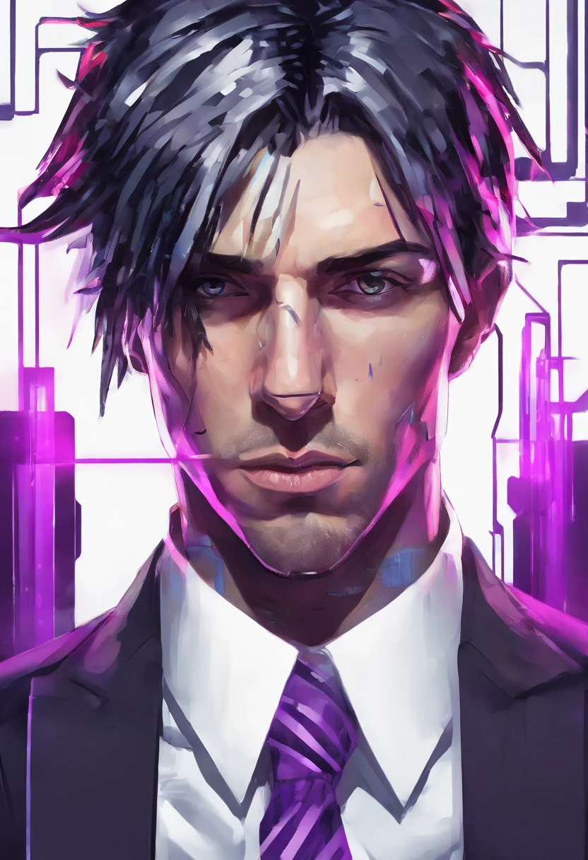 ((Skinny, lanky, normal, mid-30s, unshaven, white, ((American, pale skin, english)), male, businessman wearing a basic suit and tie, nose ring)), cowboy shot, (black short shaggy hair with purple highlights), ((office background)), (highly detailed photo realistic), sharp focus, ultra high quality, vibrant, masterpiece, (cinematic lighting), ((male))