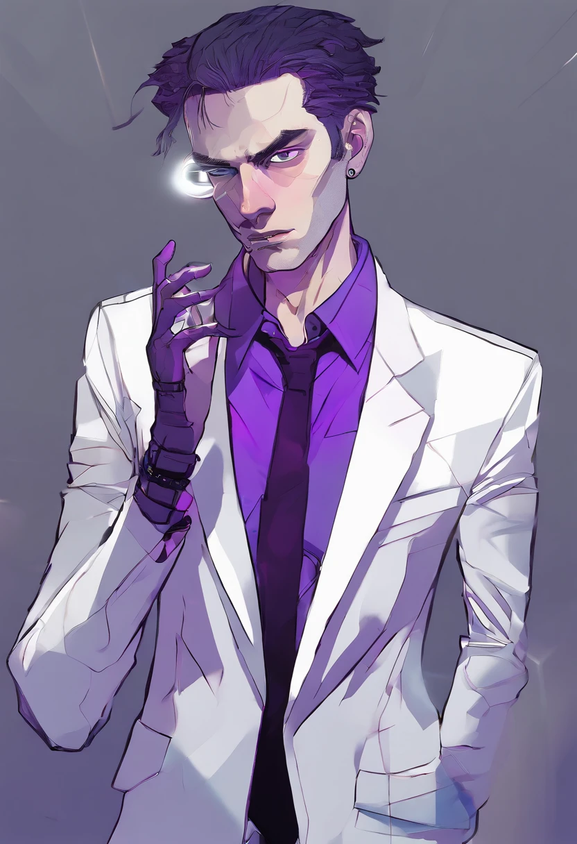 ((Skinny, lanky, normal, mid-30s, unshaven, white, ((American, pale skin, english)), male, businessman wearing a basic suit and tie, nose ring)), cowboy shot, (black short shaggy hair with purple highlights), ((office background)), (highly detailed photo realistic), sharp focus, ultra high quality, vibrant, masterpiece, (cinematic lighting), ((male))