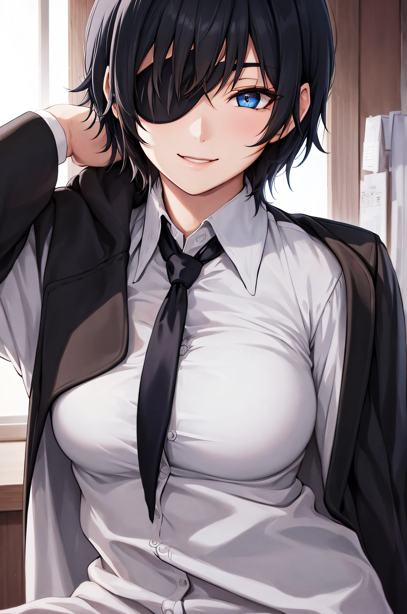 1girl, hmn1, short hair, black hair, blue eyes, (eyepatch:1.1), smile,
BREAK white shirt, collared shirt, black necktie, black pants, business suit, formal, long sleeves, necktie, pants, suit, black jacket,
BREAK looking at viewer,
BREAK indoors, office, windows, 
BREAK (masterpiece:1.2), best quality, high resolution, unity 8k wallpaper, (illustration:0.8), (beautiful detailed eyes:1.6), extremely detailed face, perfect lighting, extremely detailed CG, (perfect hands, perfect anatomy),