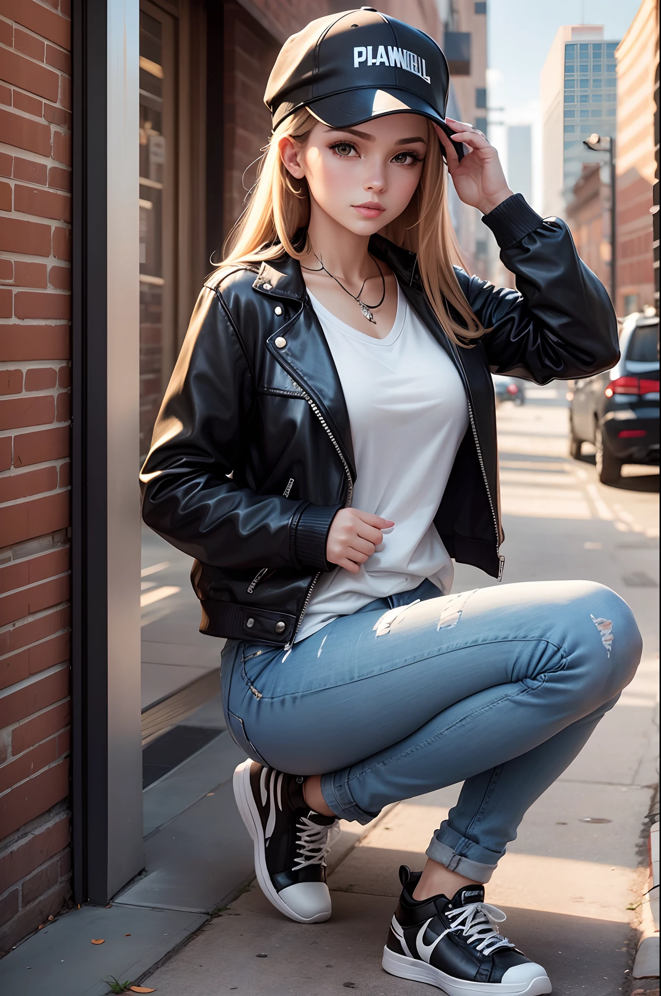 Generate an image of a young woman in a stylish cap. She wears a backwards cap, that gives a relaxed touch to your look. Her hair flows naturally and a few strands come out from under her cap. She is wearing a black leather jacket with a zipper, ripped jeans and high-top sneakers. Makeup is minimalist, enhancing its natural beauty. She's in an urban environment, With tall buildings and brick walls in the background. Late afternoon light casts soft shadows, criando um visual casual e descolado