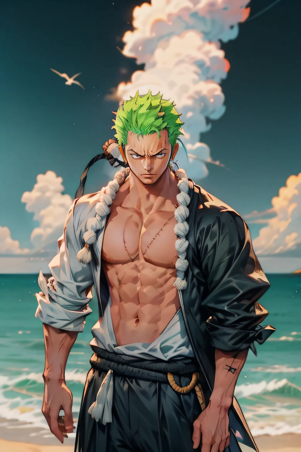 1man, minimalism, zoro roronoa, Eiichirō Oda, simple, vector, bodybuilder, sea from background, scar across eye))