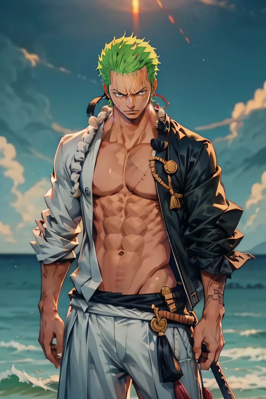 1man, minimalism, zoro roronoa, Eiichirō Oda, simple, vector, bodybuilder, sea from background, scar across eye))