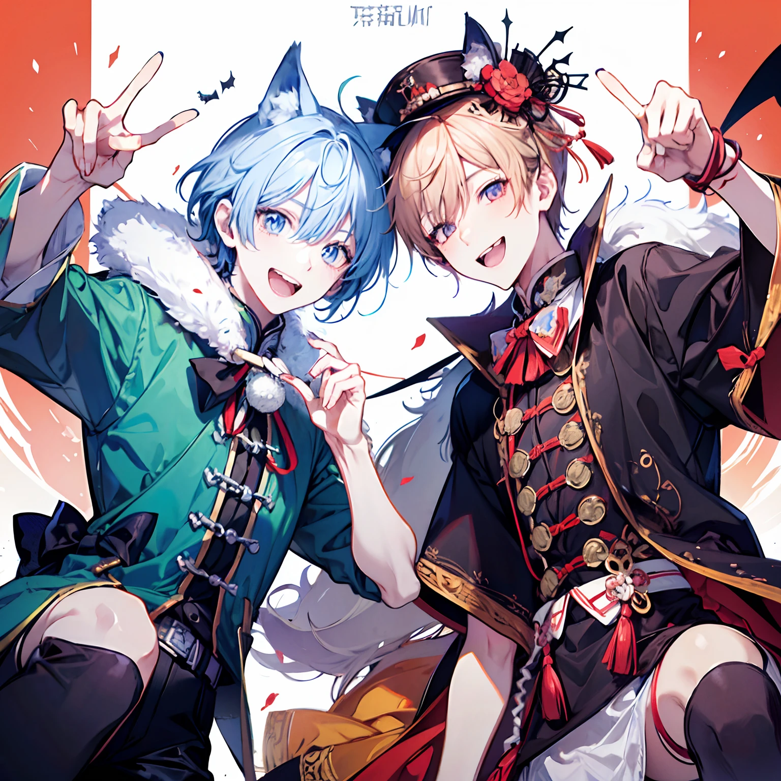 masutepiece, Best Quality, Two men who are good friends are dressed as wolf men。Halloween。full body, from below,Futomo　Less fur,grin smiling