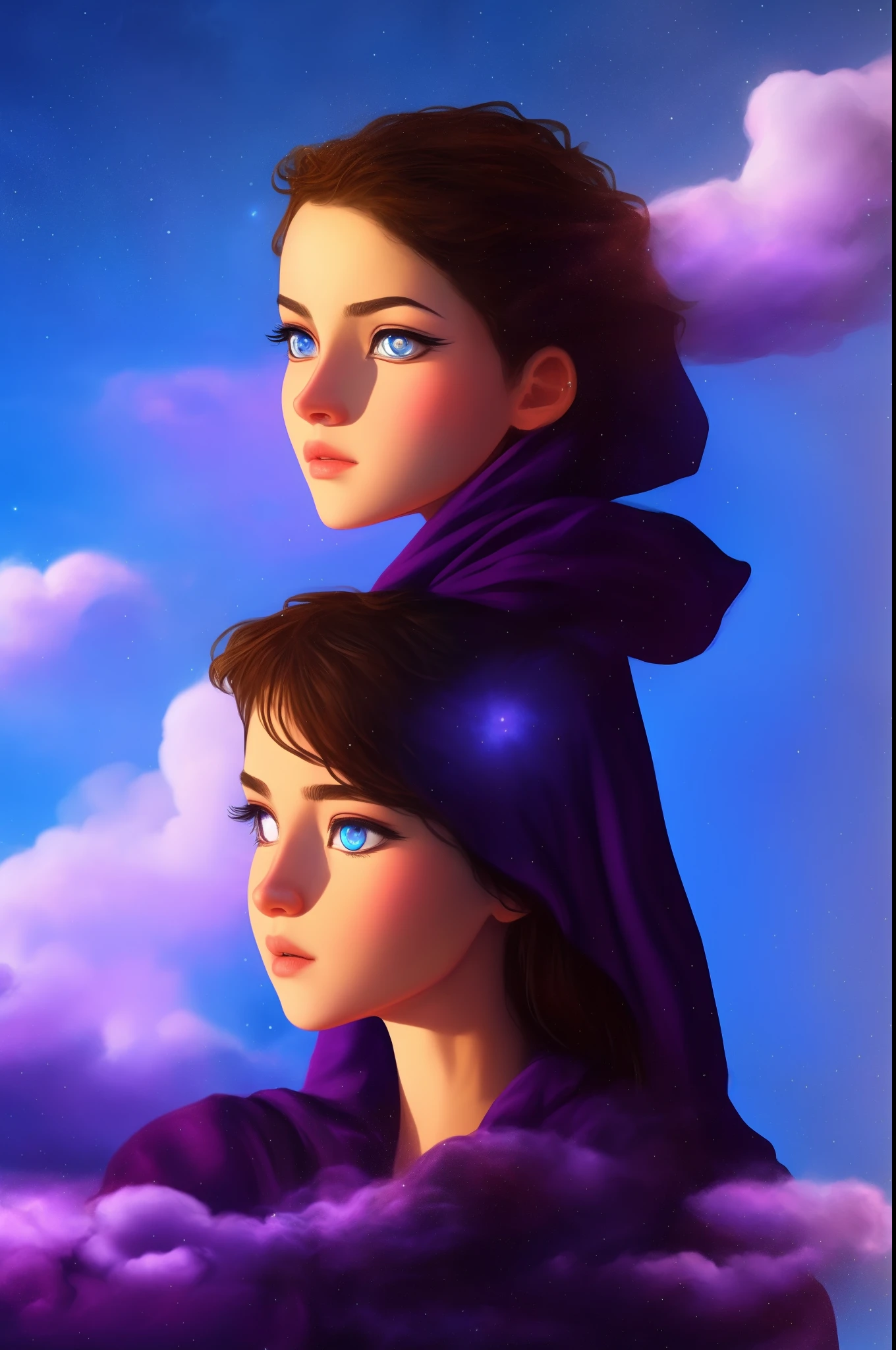 (Masterpiece, fine detailed beautiful eyes), Ultra-detailed,
Mysterious and mysterious wizard girl,Wearing a dark purple robe, Standing in a world of her own creation, Surrounded by a swirling cloud of arcane magic.
,Detailed background, volumettic light, rays of sunshine, Light rays, sky, Cloud,
