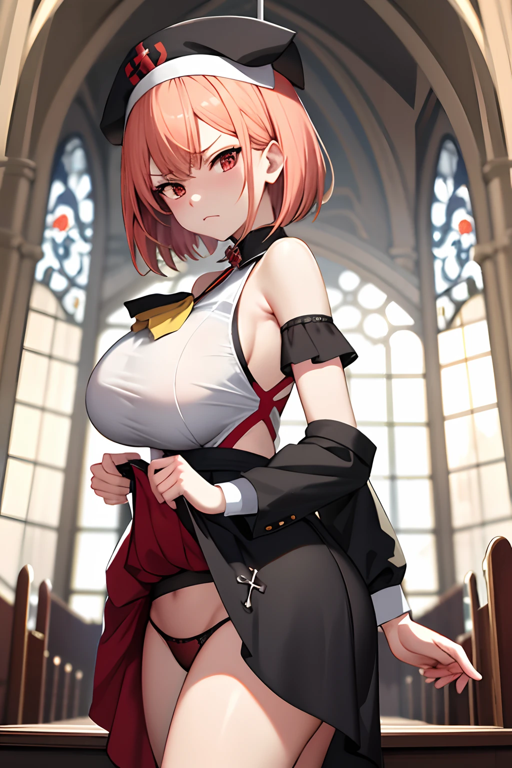 Ultra-detailed, High resolution, extremely details CG, anime image,(masutepiece, Best Quality:1.4), Illustration ,1girl in , (Iyapanjik), (angry), (frown), Wearing shoulder blades、chies、Sister Short Sleeve, Huge breasts,, (appearance々Colored panties), sox, (Skirt lift), Back, From below,People of the Church々々、Sister、((Clergy clothing))