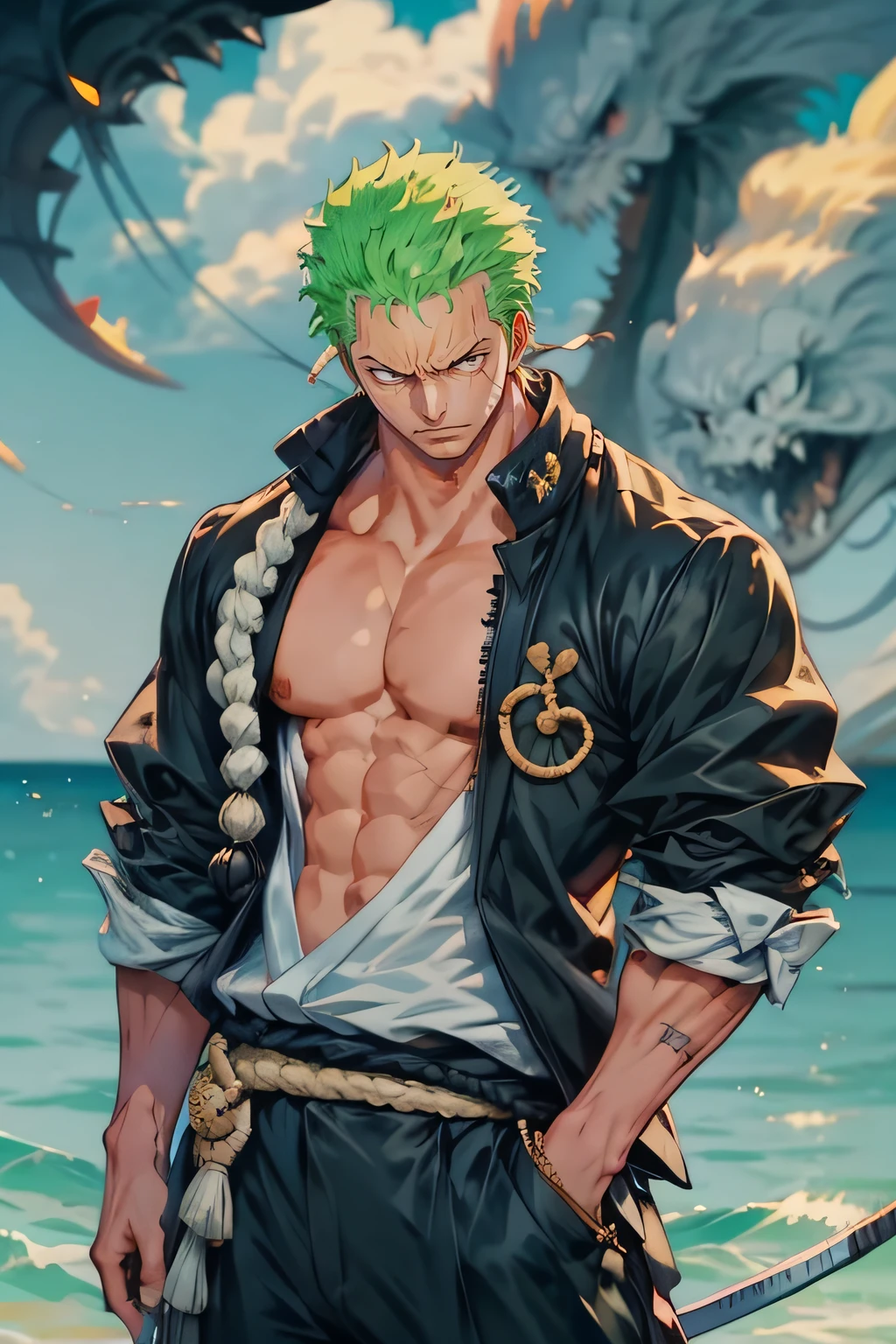 1man, minimalism, zoro roronoa, Eiichirō Oda, simple, vector, bodybuilder, sea from background, scar across eye))