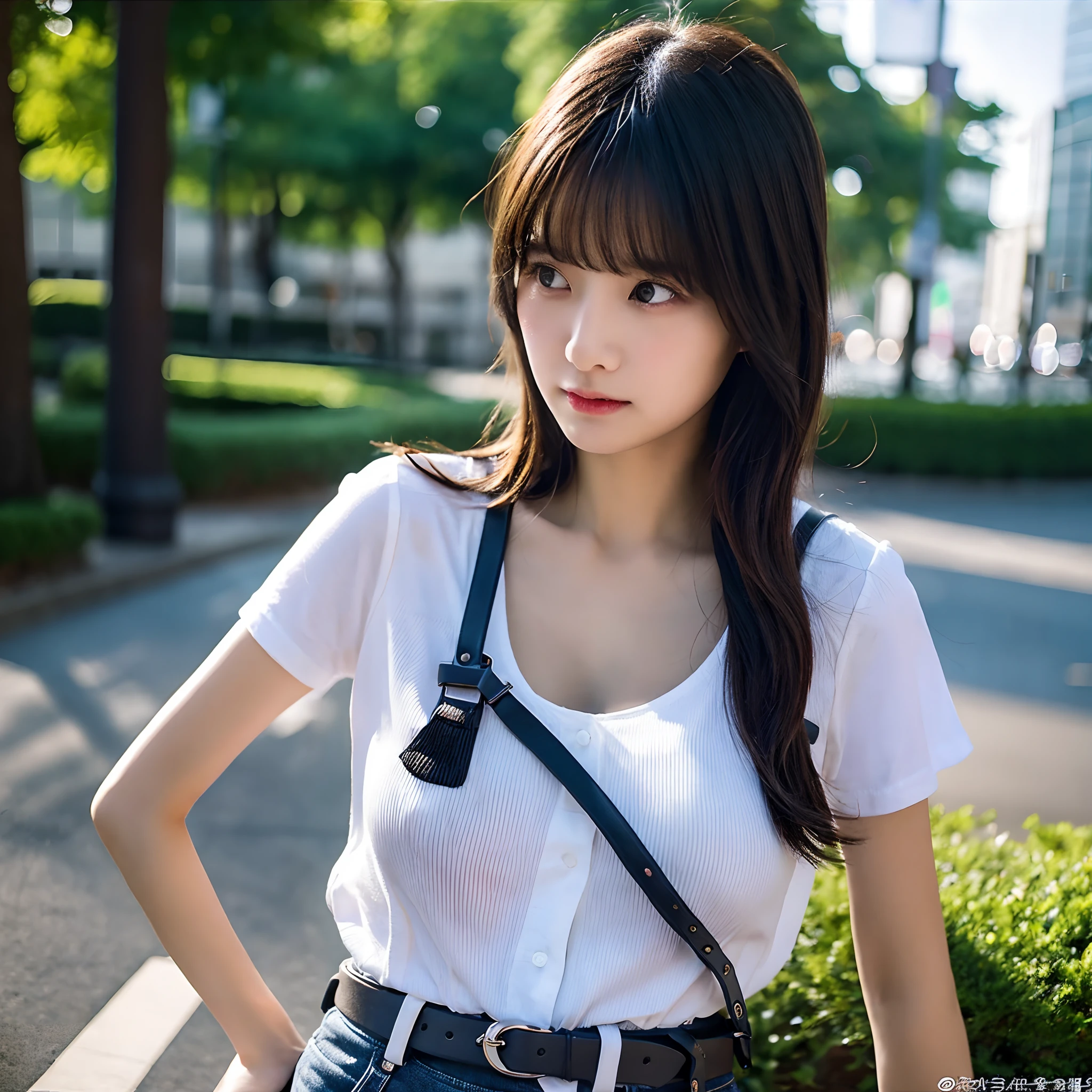 a 10-year-old girl, beautiful detailed eyes, beautiful detailed lips, extremely detailed eyes and face, long eyelashes, cute, innocent look, childish, full body close-up, from the front, smile, kind eyes, tight t-shirt, medium breasts, deep v breasts, open cleavage, short sleeve, blue checked short skirt, carrying a red backpack, straight hair, hair blowing in the wind, black hair, noon, bright, (best quality, 4k, 8k, highres, masterpiece:1.2), ultra-detailed, (realistic, photorealistic, photo-realistic:1.37), HDR, UHD, studio lighting, ultra-fine painting, sharp focus, physically-based rendering, extreme detail description, professional, vivid colors, bokeh, portraits, concept art
