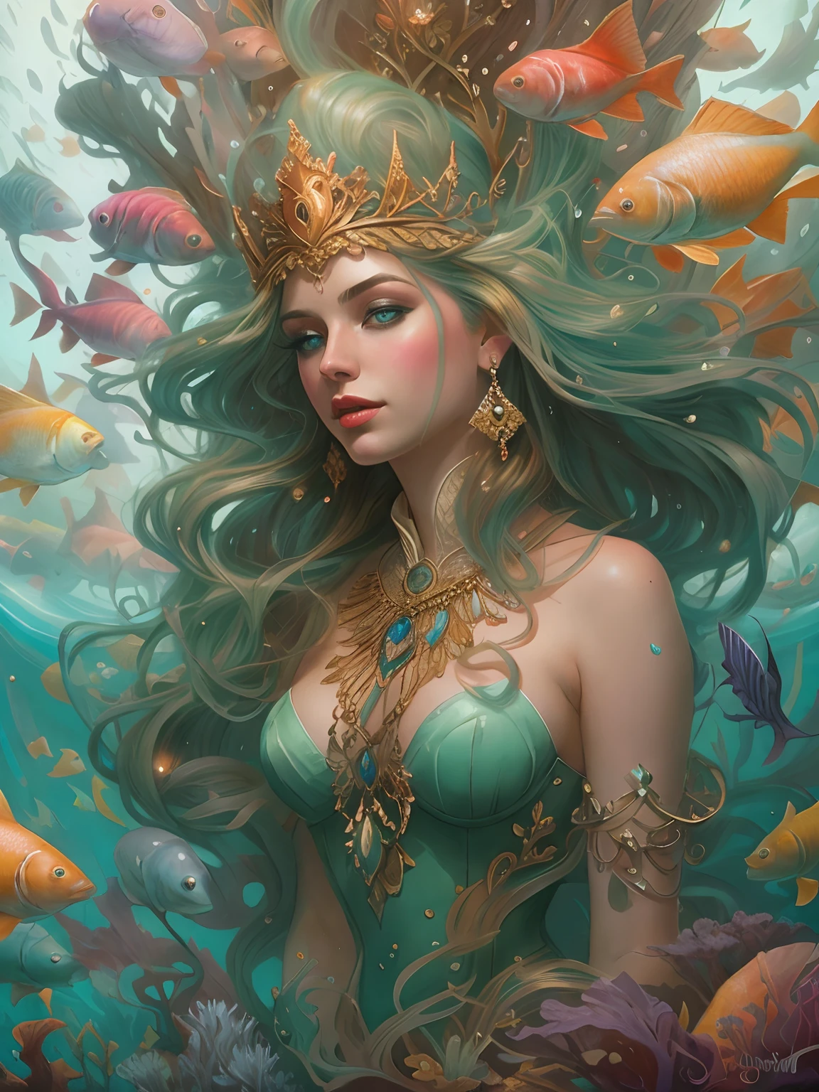 A woman sits on the throne of the palace，Beutiful women，Golden hair，（Beautiful bright eyes），Surrounded by fish and mirrors, Lots of fish，fish flocks，the reef，airbubble，sitting in his throne underwater, dan mumford tom bagshaw, jen bartel, portrait of mermaid queen, Fantasy art Behance, mohrbacher, Fantasy art style, Detailed fantasy illustration, A beautiful artwork illustration, fantasy art illustration, style of peter mohrbacher, peter mohrbacher''