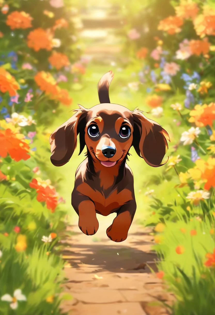 (the whole body is brown:1.8),Brown miniature dachshund,Running around the flower garden,Looking at the camera,(Face bow:1.5),Looks like a lot of fun,sideshot:1.5,biologically correct