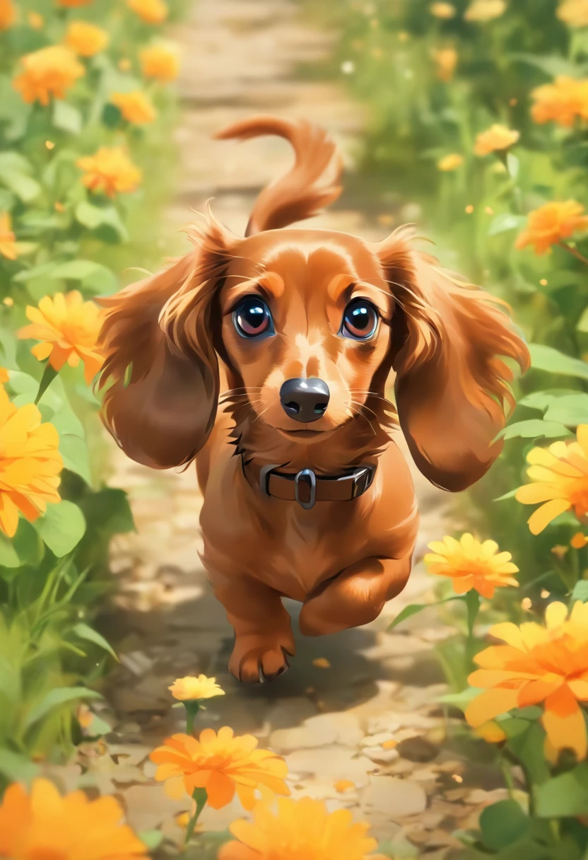 (the whole body is brown:1.8),Brown miniature dachshund,Running around the flower garden,Looking at the camera,(Face bow:1.5),Looks like a lot of fun,sideshot:1.5,biologically correct