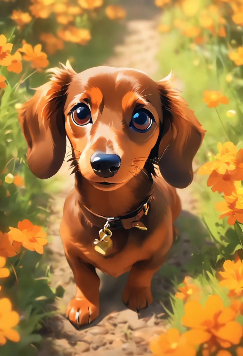 （the whole body is brown：1.8），Brown miniature dachshund，Running around the flower garden，Looking at the camera，（Face bow：1.5），Looks like a lot of fun，sideshot：1.5，biologically correct