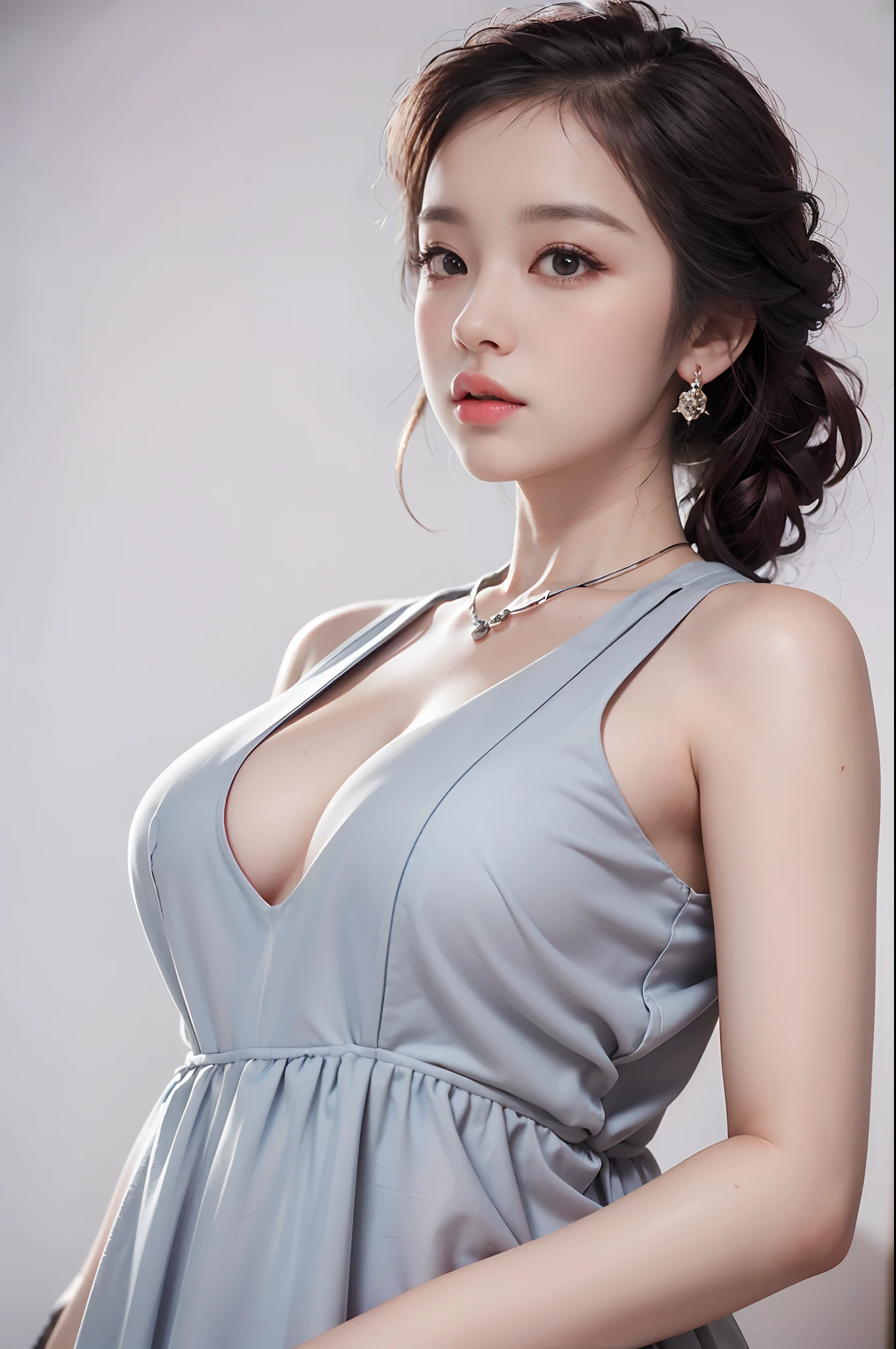 Auto Show Companion, , Deep cleavage, Top quality, Masterpiece, illustration, Very delicate and beautiful, Very detailed, CG, Unity, 8K wallpaper, Amazing, finedetail, Highly detailed CG Great Unity 8k wallpaper, hugefilesize, Very detailed, high resolution, Handsome detail woman, Highly detailed eyes and face, wonderful detailed eyes, Face light, (Best Illustration: 1.1), ( Best shadow: 1.1), 超高分辨率, (Photoreal: 1.1), (Photoreal: 1.2:1.1), Realistic face proportions, Slender, Smile, (Makeup: 0.4), (fluffy black eyes: 1.21), Black eyes, Look at the Beholder, Dark brown hair, Earrings, necklace, Hairpin, Cowboy shot, (irregular skin imperfections, venat, Wrinkled pores on the skin: 1.2), (dark night background: 1.2), (Bokeh: 1.4),