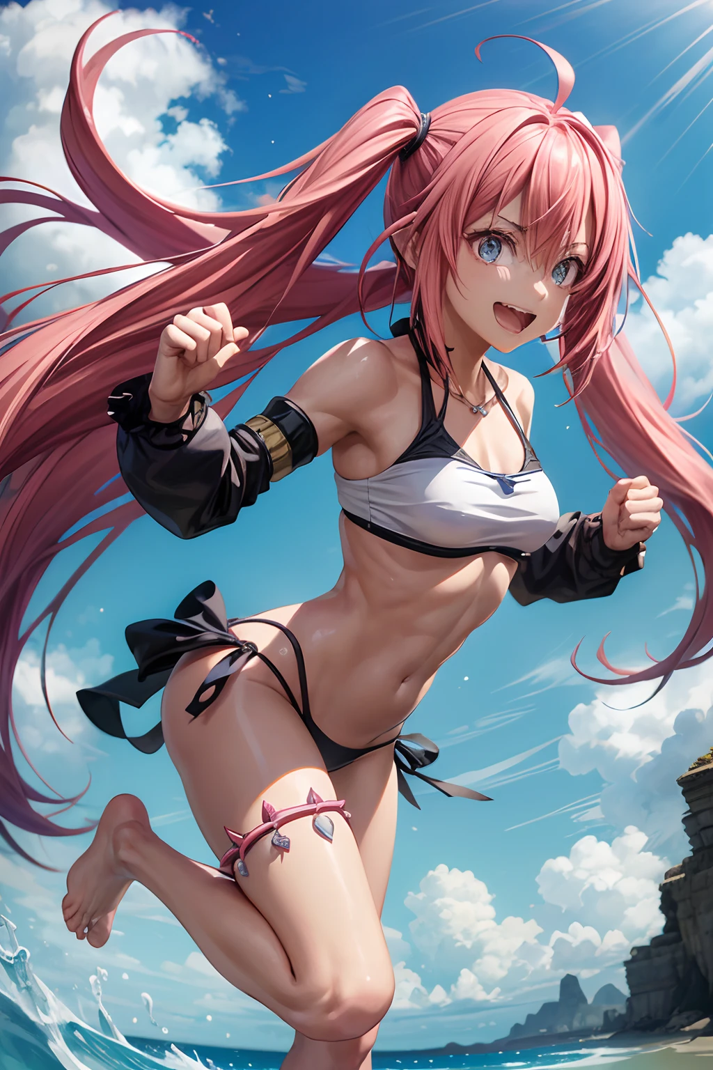 1Feminino、Tensei Shitara Slime Datta Ken(((Milim Nava))), Demon Lord King、O corpo da obra-prima de Milim Nava、High Quality Bikini Armor、Black bikini armor、Rosto Milim Preciso、olhos azuis、olhar o mal、cabelo rosa、Bicaudal、Caudas duplas orgulhosas、barefoot, medium feet, dedos arredondados ultra qualidade, ultra detalhado, unhas arredondadas pintadas em esmalte preto ultra detalhado、mediuml breasts、um sorriso、sorriso enorme、grande ahoge, (((foto de corpo inteiro))), (((barriga musculosa))), na praia, (((Ultra-detailed and realistic muscular legs))), Face Ultra Detalhada, Perfect setting, (((Making Fighting Stance))), standing on her feet