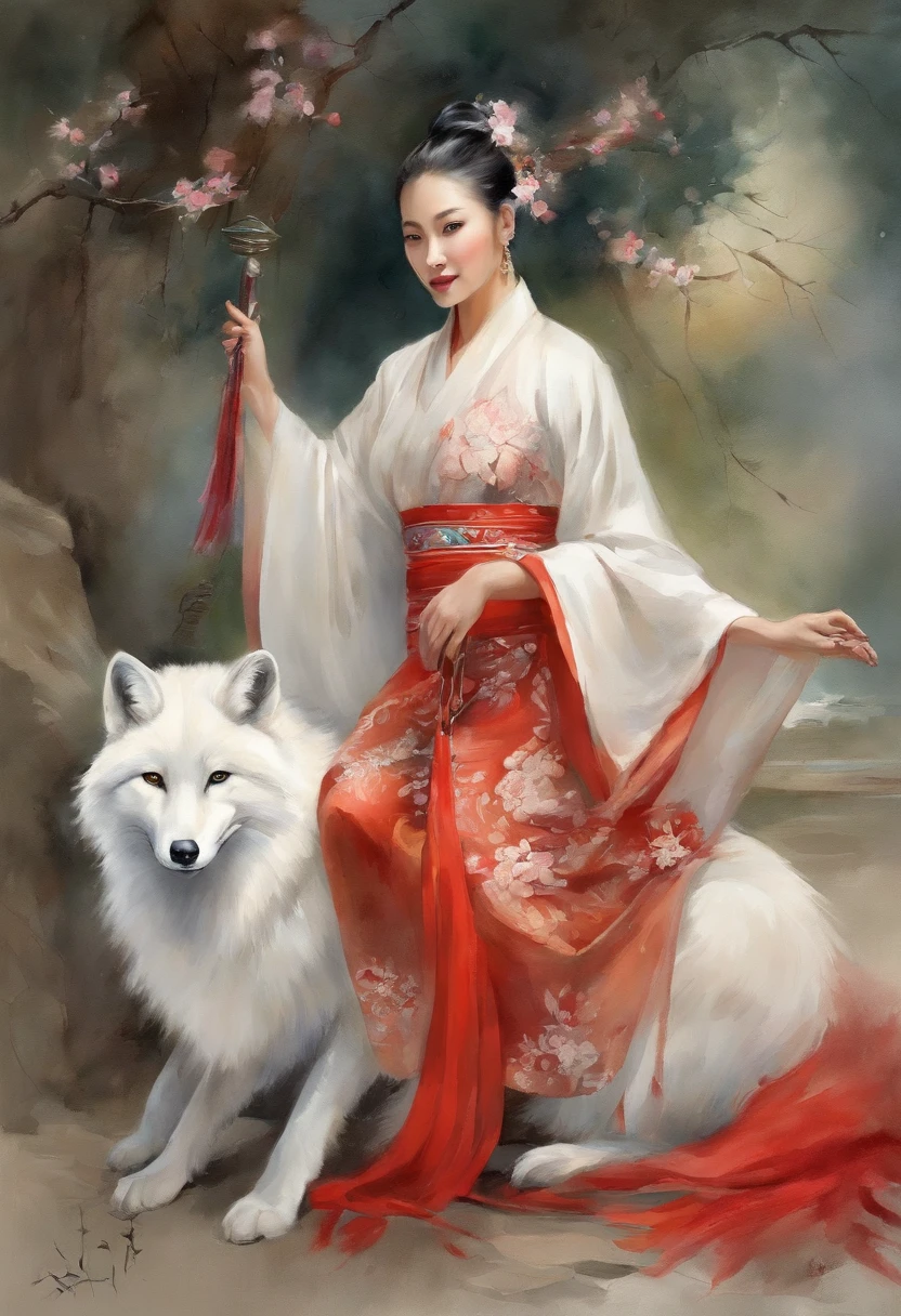 Hermosa chica china se droga con Hanfu, next to a graceful nine-tailed white fox. realista, The Low-Angle Shot, junto con los tonos rojos y blancos claros utilizados. The girl radiates confidence and strength, mientras que el zorro emana un aura de encantamiento y misterio.
