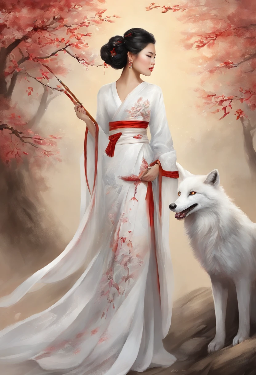 Hermosa chica china se droga con Hanfu, next to a graceful nine-tailed white fox. realista, The Low-Angle Shot, junto con los tonos rojos y blancos claros utilizados. The girl radiates confidence and strength, mientras que el zorro emana un aura de encantamiento y misterio.