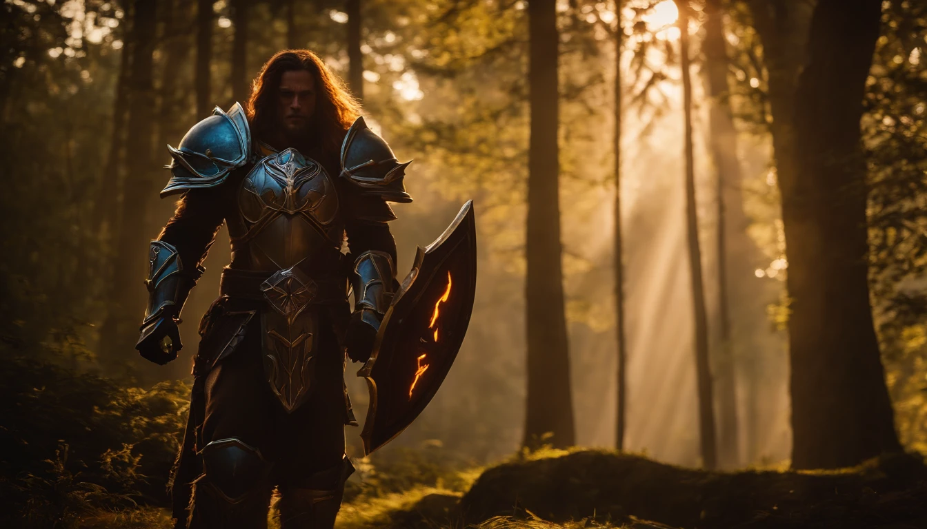 paladin de world of warcraft con armadura epica tier 6 caminando en bosque oscuro de fantasia con epada ashbringer con aura autoritaria