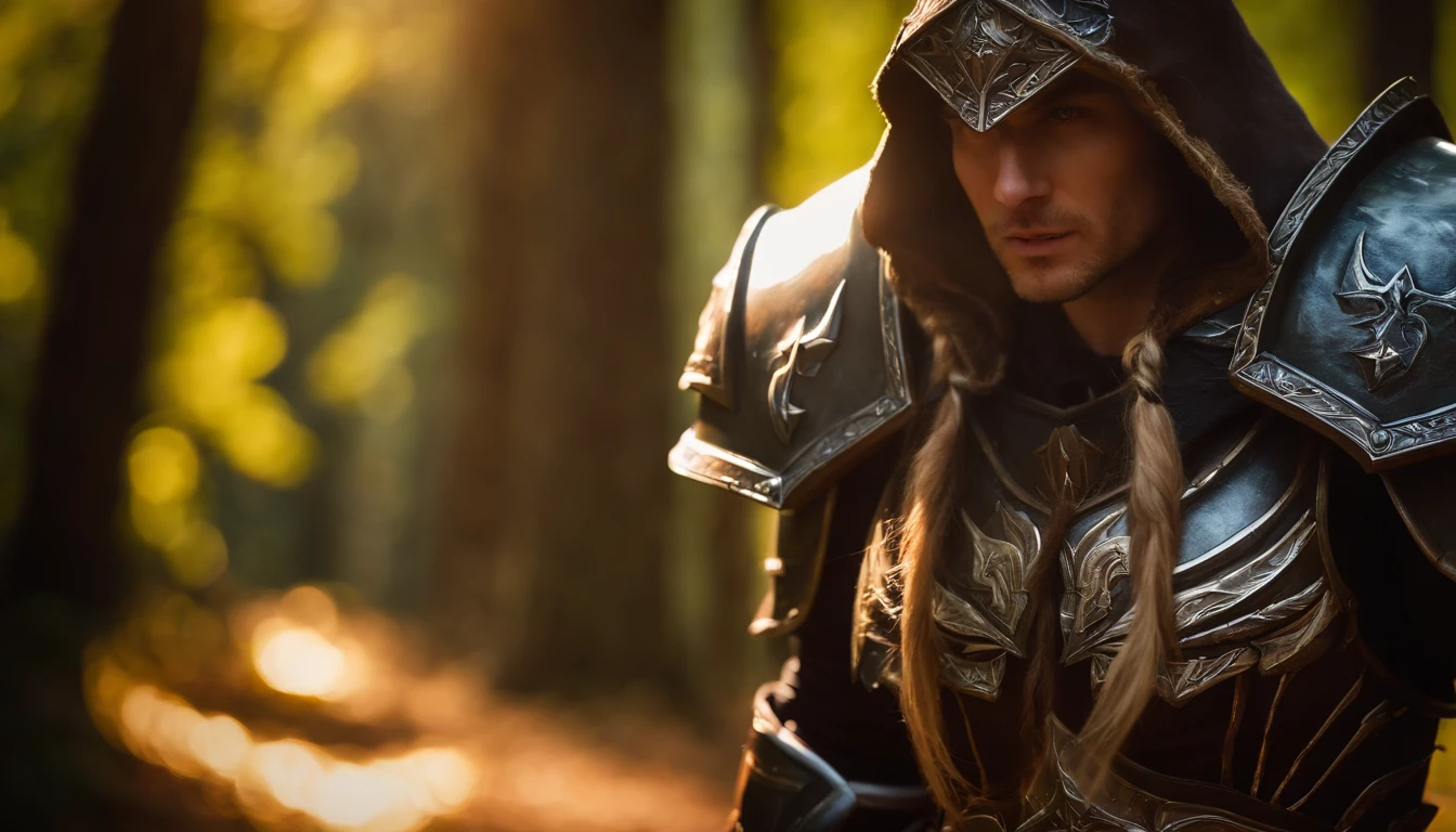 paladin de world of warcraft con armadura epica tier 6 caminando en bosque oscuro de fantasia con epada ashbringer con aura  autoritaria