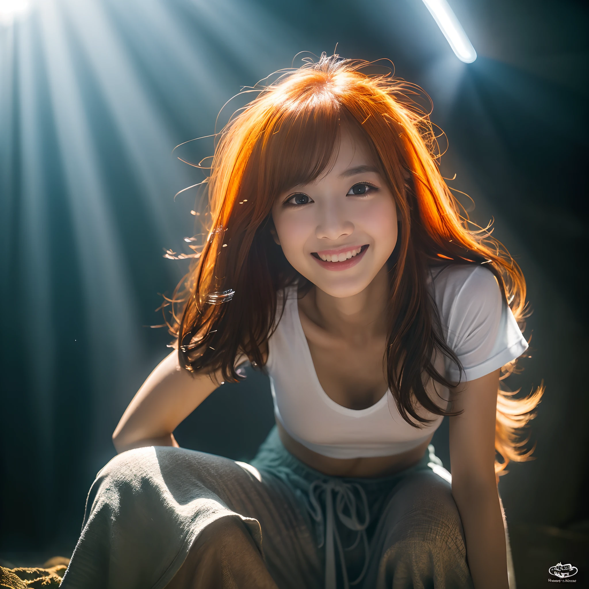top-quality、8K、32K、masuter piece、nffsw:1.2)、Cute Japan Girl、女の子1人、short-hair、profile、(Split abs、slim figure:1.2)、(s lips) 、(Orange hair)、二重まぶた、shinny skin、Realistic rays、mare、beauitful face、(A smile:1.3)、crouching down、(From above:1.2)、(a closeup:1.4)、shores、White T-shirt、blurry backround、(Front Focus)、(Dark: 1.6)、Fantasy Art、photoRealstic、Professional Lighting、extra detailed face、Award-winning、deep-shadows、