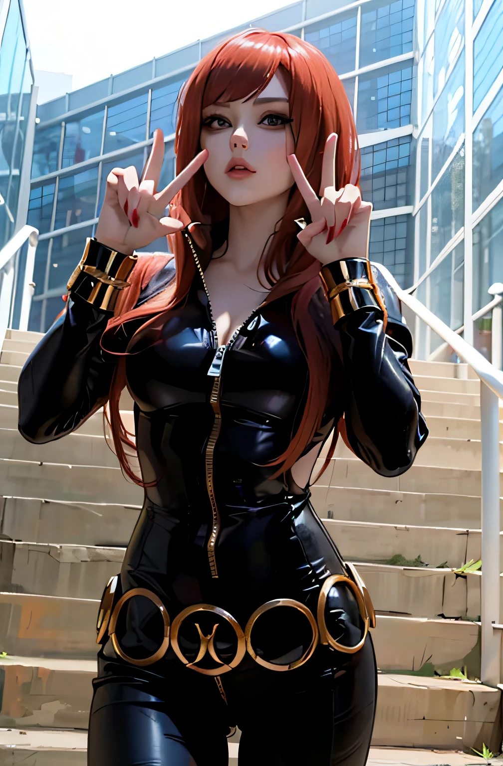 a woman playing the role of the Black Widow character from the Marvel universe. She is equipped with a long red wig and wears a fitted shiny black latex leather catsuit, which is adorned with notable gold trim details and a center zipper. Both of her hands create peace signs as she stands confidently on a staircase. The backdrop features a building, adding depth to the image.