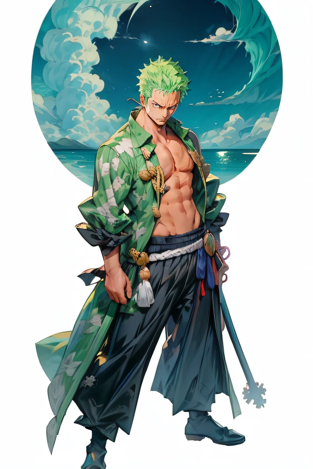 1man, minimalism, full body pose, zoro roronoa, Eiichirō Oda, simple, vector, bodybuilder, sea from background, scar across eye))