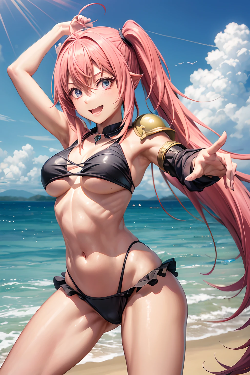 1Feminino、Tensei Shitara Slime Datta Ken(((Milim Nava))), Demon Lord King、O corpo da obra-prima de Milim Nava、High Quality Bikini Armor、Black bikini armor、Rosto Milim Preciso、olhos azuis、olhar o mal、cabelo rosa、Bicaudal、Caudas duplas orgulhosas、barefoot, medium feet, dedos arredondados ultra qualidade, ultra detalhado, unhas arredondadas pintadas em esmalte preto ultra detalhado、mediuml breasts、um sorriso、sorriso enorme、grande ahoge, (((foto de corpo inteiro))), (((barriga musculosa))), na praia, (((Ultra-detailed and realistic muscular legs))), Face Ultra Detalhada, Perfect setting, (((Making Fighting Stance))), standing on her feet
